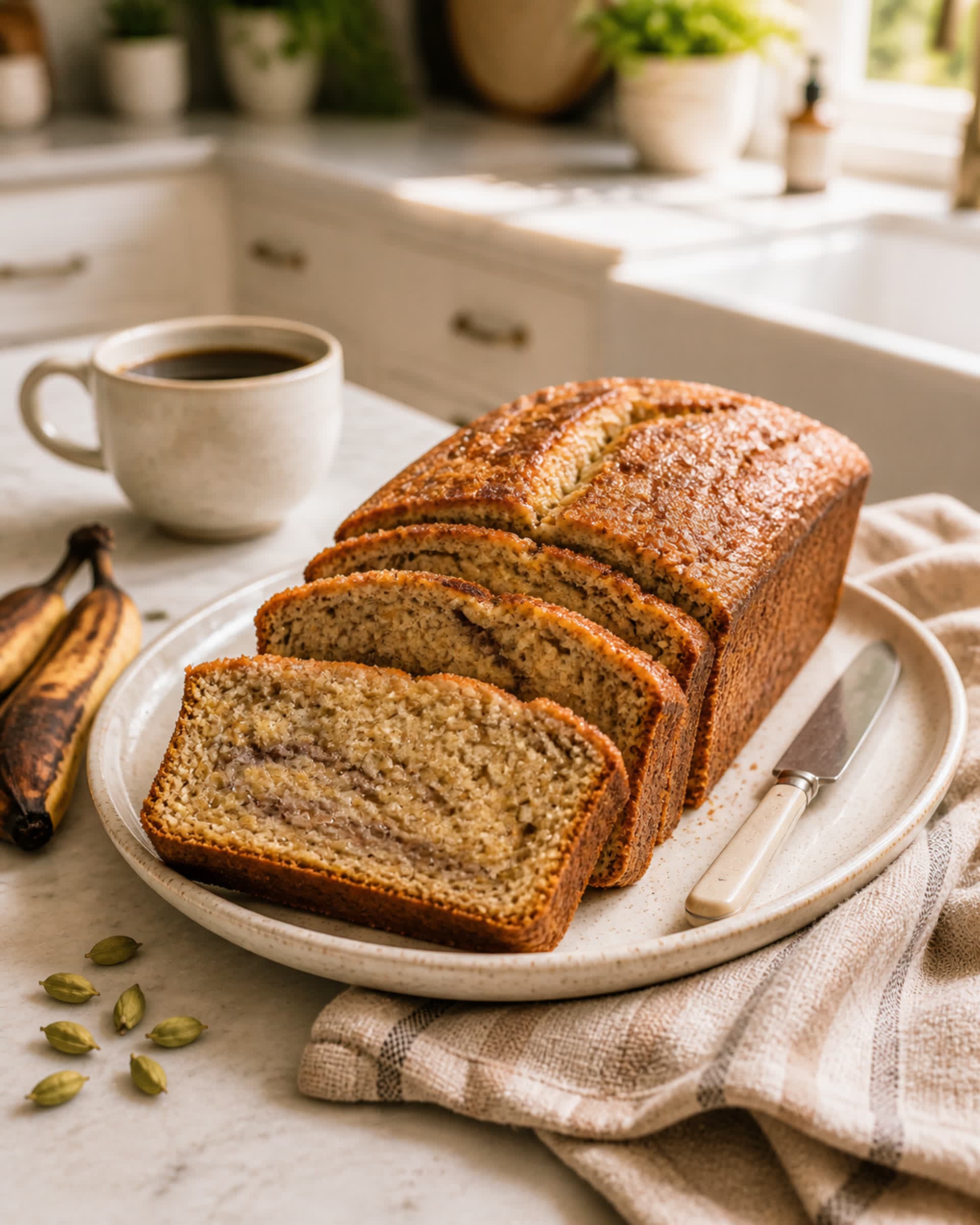 A loaf of cardamom banana bread partially sliced on a cream speckled ceramic plate, the front slice tilted forward to show the soft golden crumb with visible darker banana streaks and tiny flecks of cardamom, a butter knife resting alongside, fresh green cardamom pods and a wrinkled brown banana skin scattered on the white marble counter, soft morning light from the right.