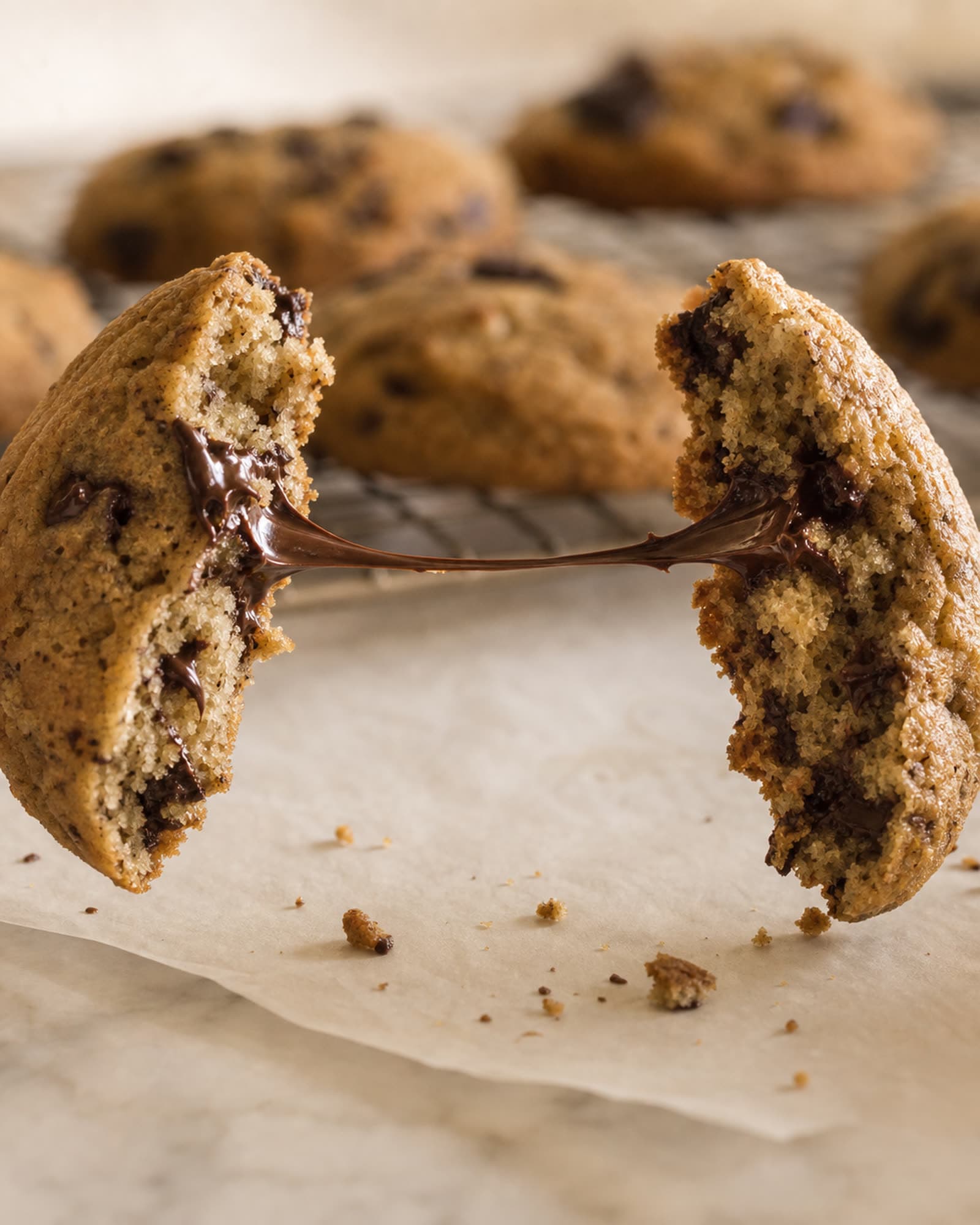 Macro close-up of one cardamom rye chocolate chip cookie torn cleanly in half, held slightly apart with a long stretchy strand of melted dark chocolate pulling between the two halves. The tender interior crumb shows visible dark chocolate chunks and tiny dark cardamom flecks. A few cookie crumbs sit on a piece of parchment paper below, with a wire cooling rack and more whole cookies softly out of focus in the background.
