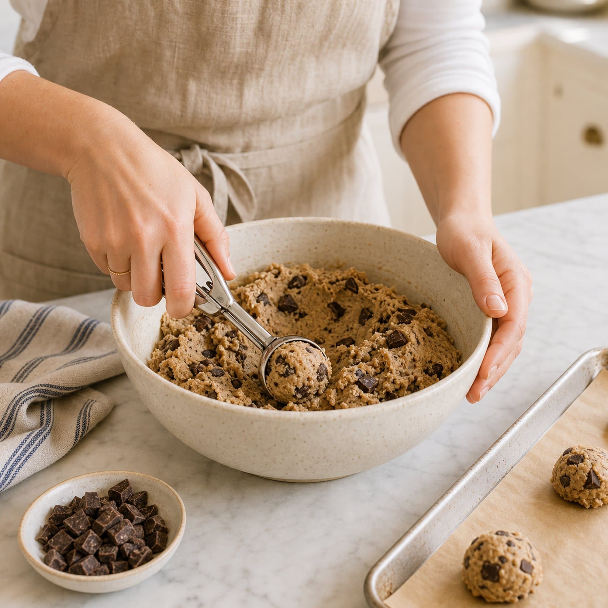 A pair of hands in a fitted white tee and beige linen apron scooping brown butter cookie dough from a large cream-speckled stoneware mixing bowl with a stainless steel cookie scoop, the other hand steadying the bowl from the side. The dough is light tan and packed with dark chocolate chunks. A parchment-lined sheet pan with two already-scooped dough balls sits at the lower-right edge of the frame, and a small ceramic dish of extra chocolate chunks rests at the lower-left, on a white marble counter.