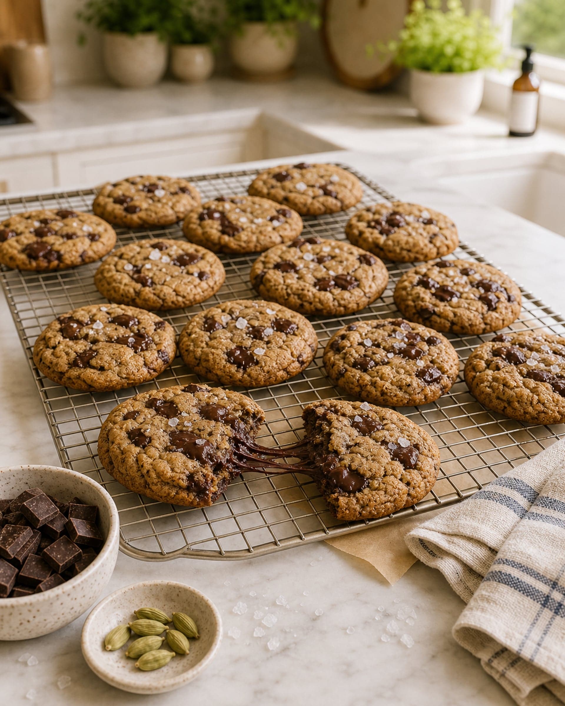 About a dozen freshly baked cardamom rye chocolate chip cookies cooling on a stainless steel wire rack on the marble counter, golden brown crinkled tops with visible melted dark chocolate chunks across the surfaces, scattered flakes of flaky sea salt, one cookie at the front broken in half to reveal a tender soft interior with a long pull of melted chocolate stretching between the two halves. A small ceramic bowl of chocolate chunks, a small bowl of green cardamom pods, and a folded striped cream-and-blue linen tea towel sit on the marble beside the rack. Soft afternoon light from the kitchen window.