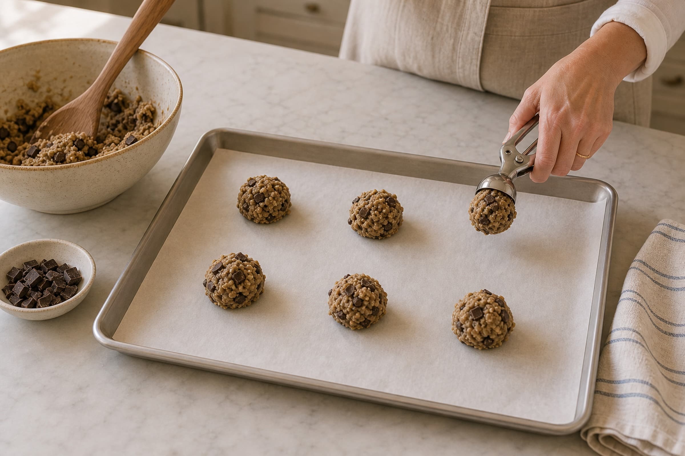 A hand in a fitted white tee and beige linen apron using a stainless steel cookie scoop to release a ball of brown butter cookie dough onto a parchment-lined half-sheet pan, with six dough balls already placed in a casual grid showing visible dark chocolate chunks. A cream-speckled stoneware mixing bowl with more cookie dough and a wooden spoon sits at the upper-left, a small ceramic dish of extra dark chocolate chunks at the lower-left, and a folded striped cream-and-blue linen tea towel to the right, on a white marble counter.