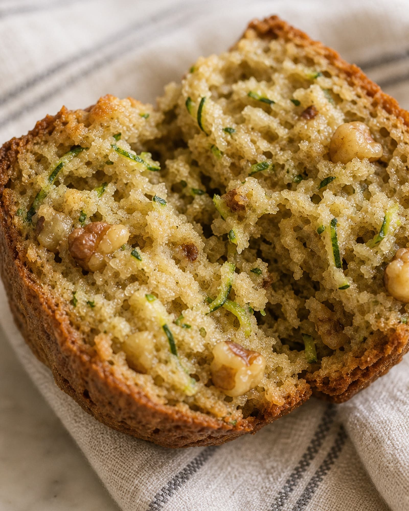 Extreme close-up of a broken slice of zucchini bread showing a moist tender crumb flecked with green zucchini threads and toasted walnut pieces.