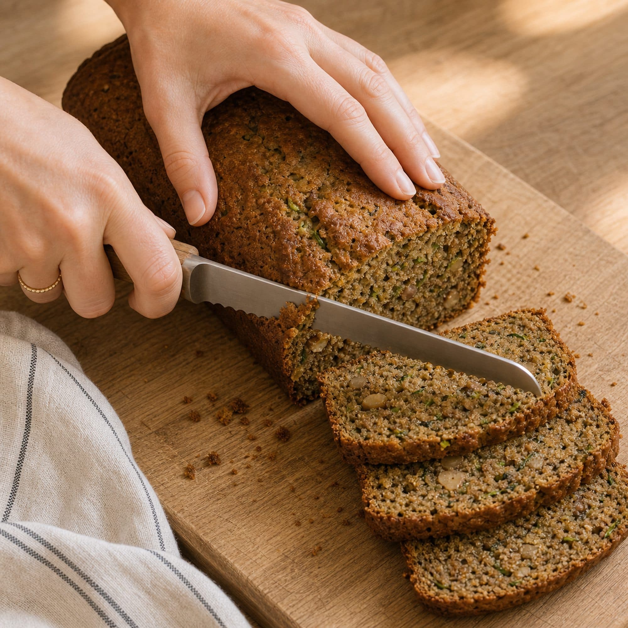 Hands slicing a cooled loaf of zucchini bread on an oak board with a serrated knife, three cut slices lying in a row.