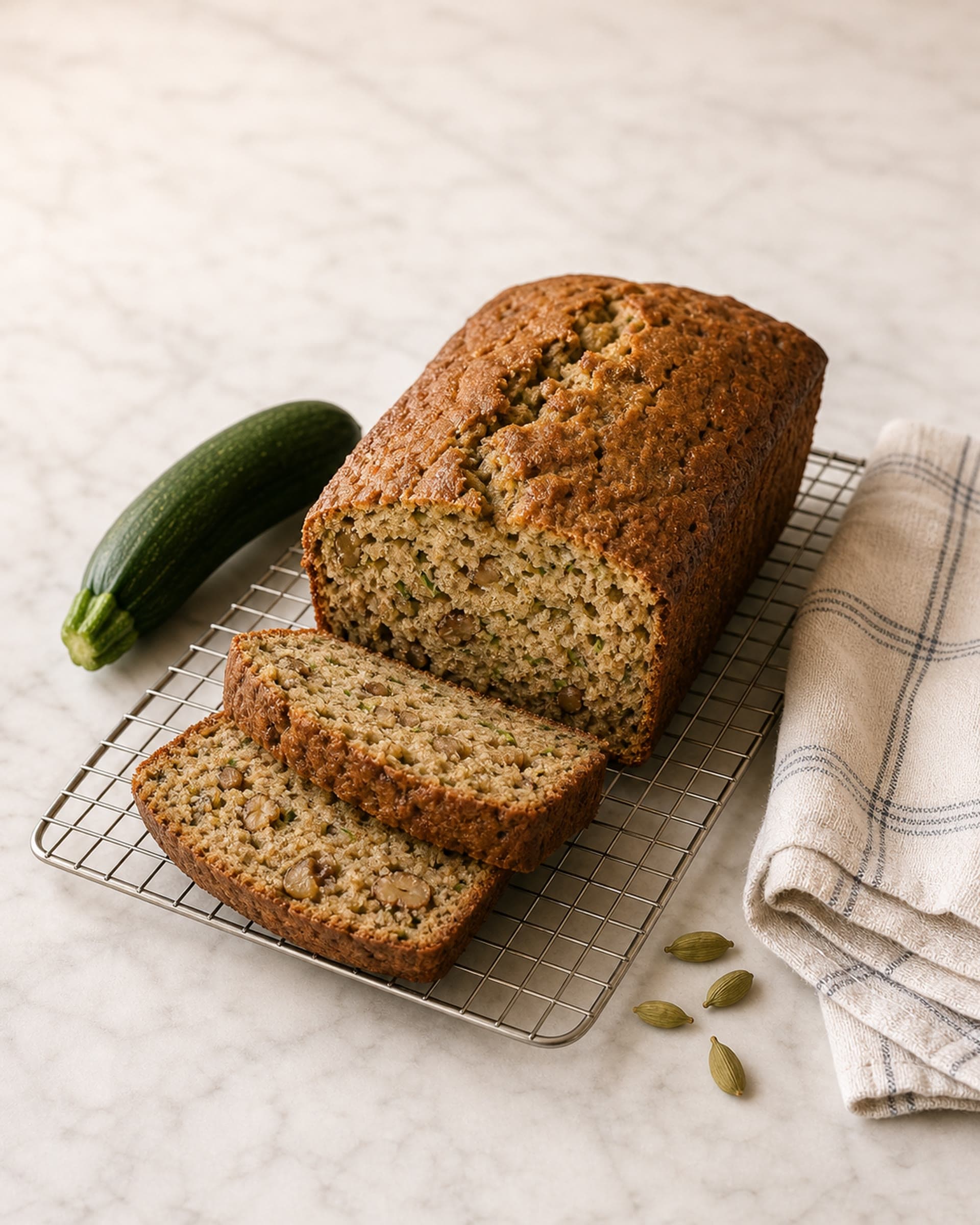 A golden loaf of cardamom zucchini bread on a wire cooling rack, two slices leaning against it, with green cardamom pods and a small whole zucchini beside it on a striped linen.