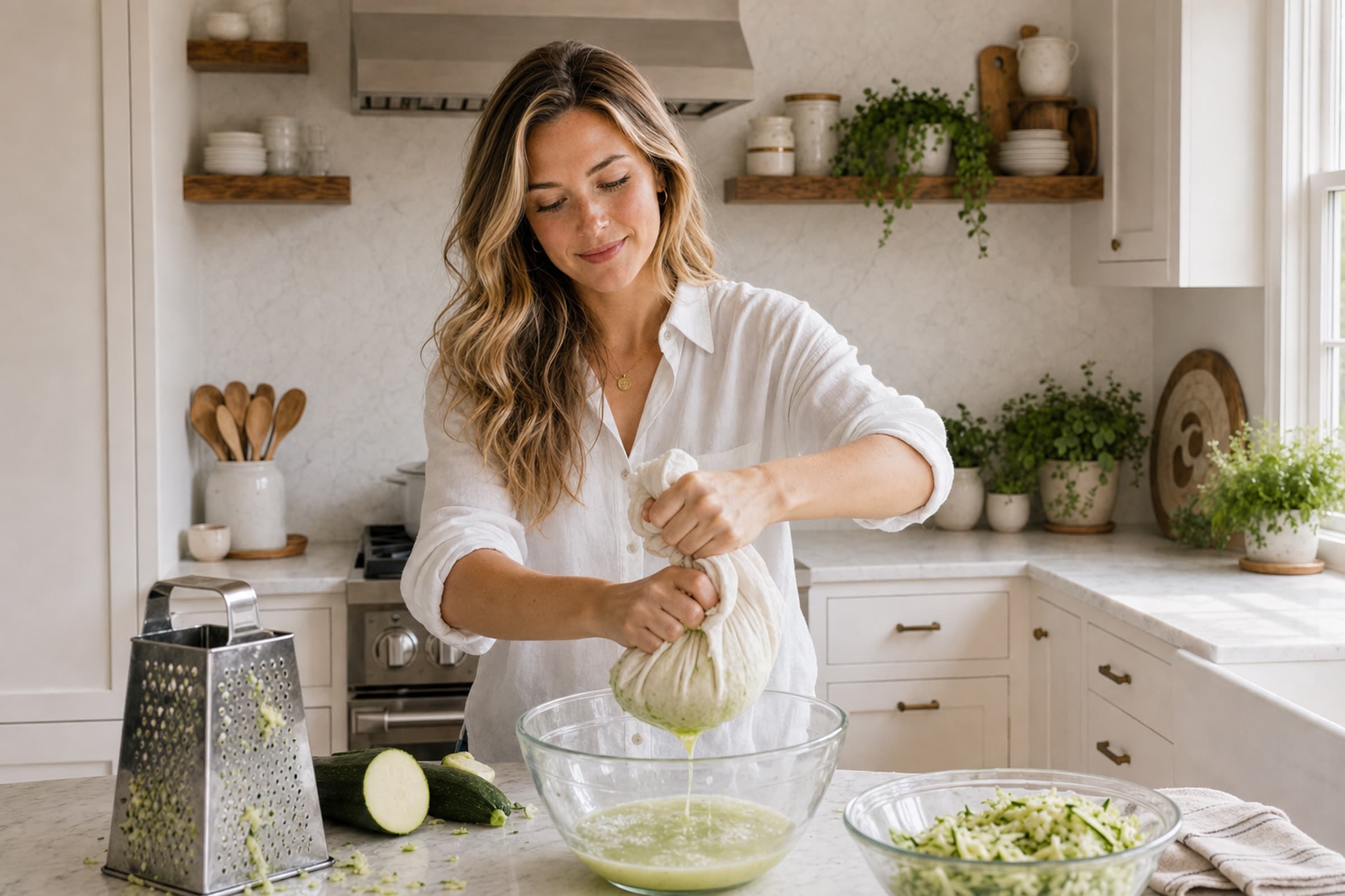 Anna in a white linen button-down wringing a linen towel full of grated zucchini over a glass bowl at her marble kitchen counter, pale green liquid dripping down, a box grater and halved zucchini beside her.