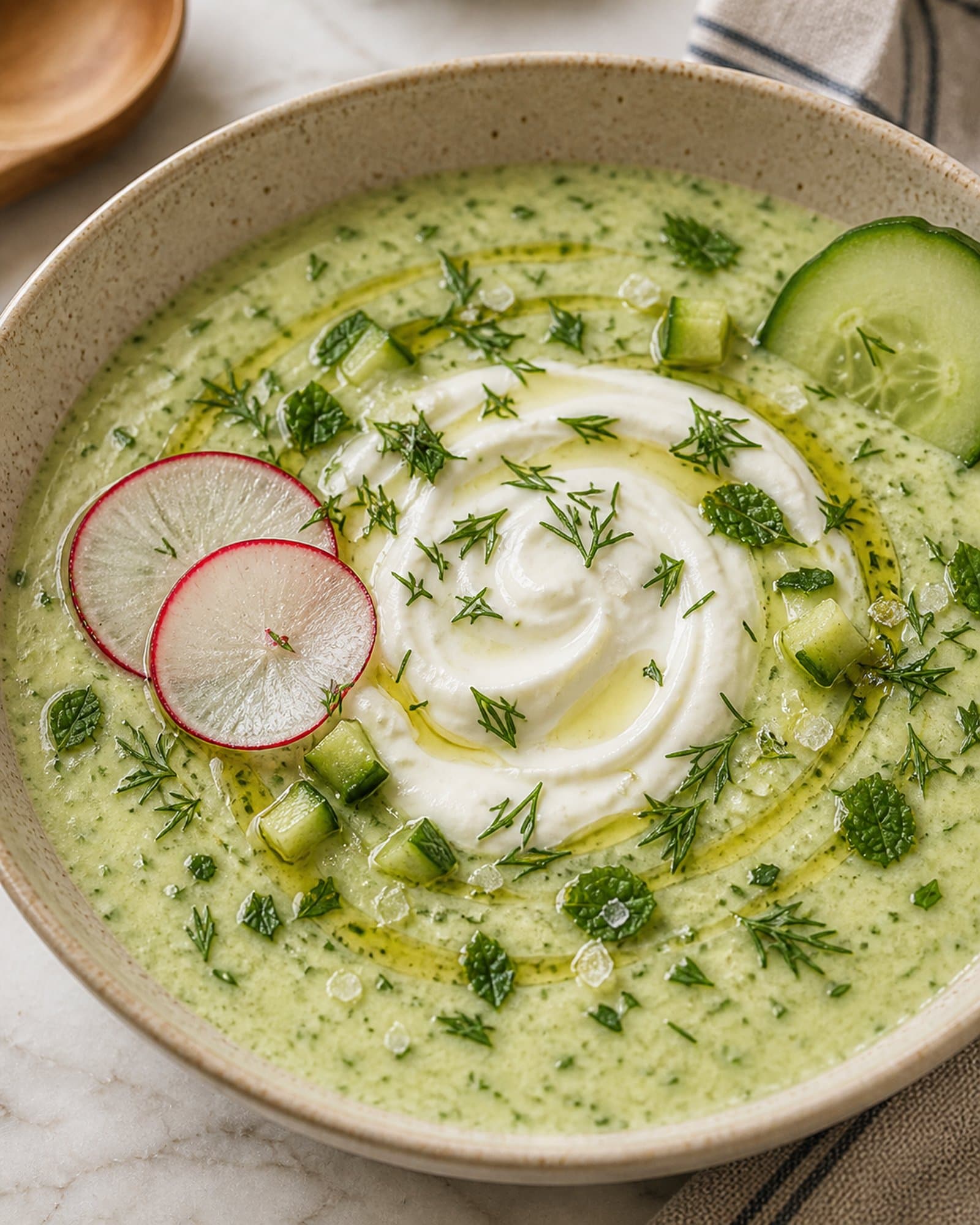 Near-top-down macro of a wide cream-speckled stoneware bowl of cold cucumber dill soup: pale spring-green creamy surface with visible flecks of finely chopped fresh dill and mint, a generous swirled dollop of thick white skyr in the center, a scatter of small diced cucumber cubes, two thinly sliced radish rounds, a drizzle of green-gold olive oil pooling in spirals, a flake of flaky salt, and a single cucumber slice perched on the edge.