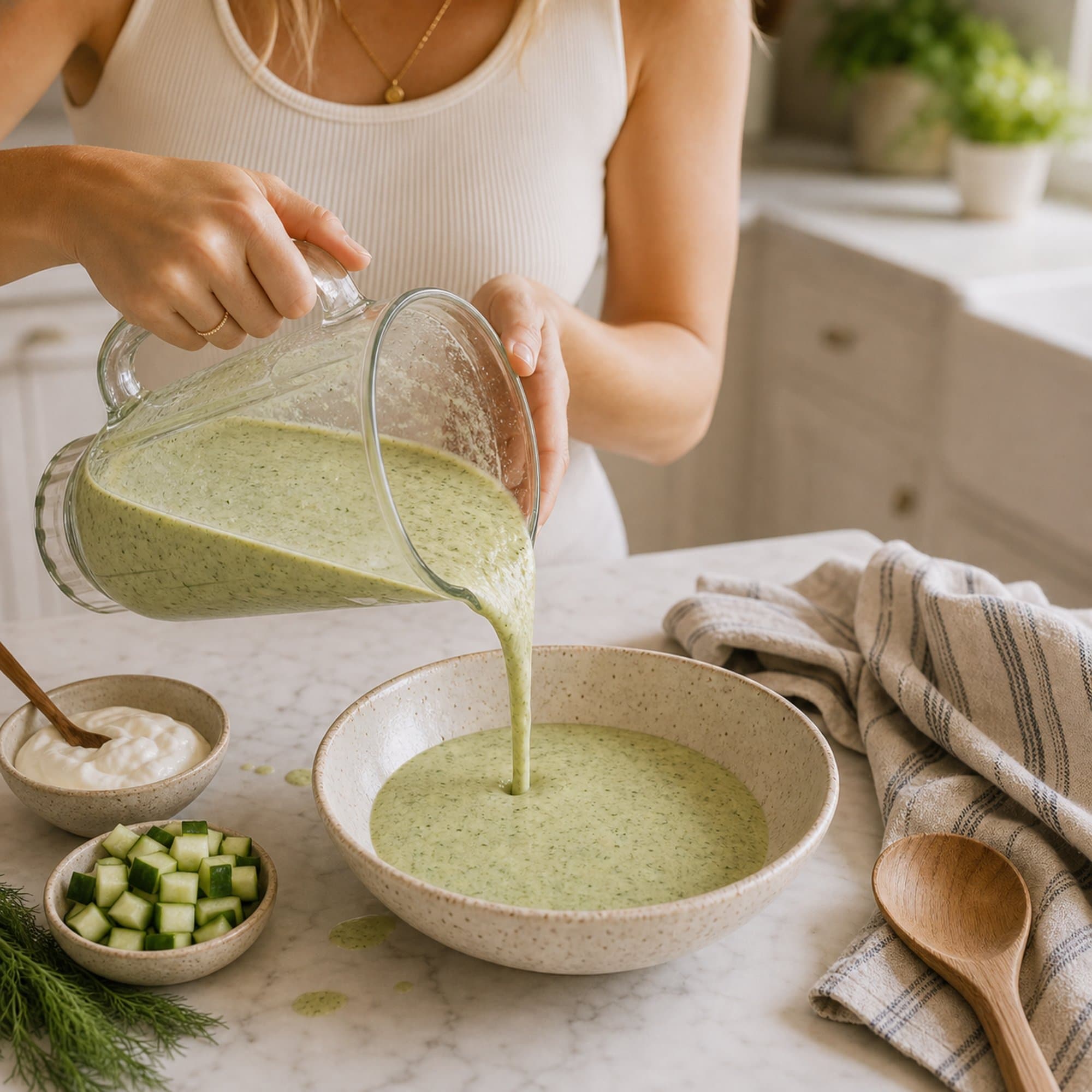 A pair of women's bare hands in a white ribbed tank (visible at the shoulders, with a thin gold pendant chain) pouring the pale green cold cucumber dill soup from a clear glass blender pitcher into a wide cream-speckled stoneware bowl on the white marble counter. A small ceramic dish of diced cucumber, a small bowl of more skyr, and a small bunch of fresh dill sit on the marble beside the bowl, with a folded striped cream-and-blue linen tea towel at one edge.