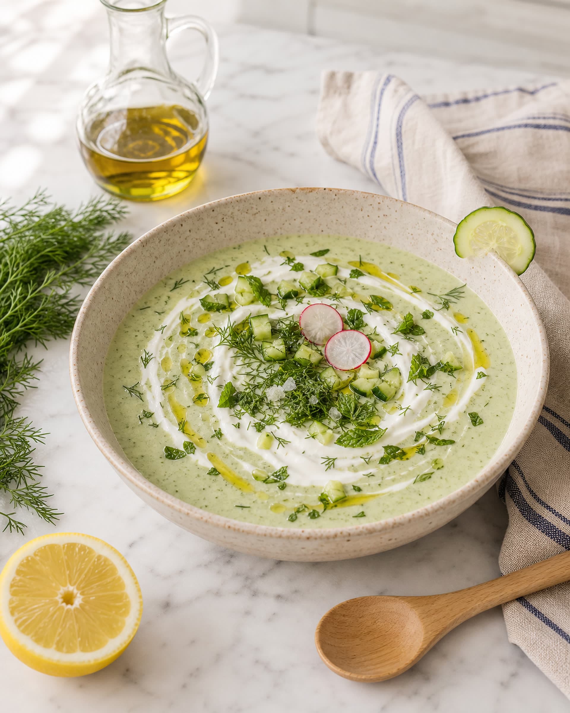 A wide cream-speckled stoneware bowl of cold cucumber dill soup on a white marble counter: a pale spring-green soup with visible flecks of fresh dill, a drizzle of olive oil pooling on the surface, a scatter of crunchy diced cucumber, finely chopped fresh dill and mint, a small dollop of thick white skyr, a few thinly sliced radish rounds, and a flake of flaky salt. Beside the bowl: a small clear glass cruet of olive oil, a small bunch of fresh dill, a lemon halved cut-side up, and a folded striped cream-and-blue linen tea towel. Soft midday summer light.