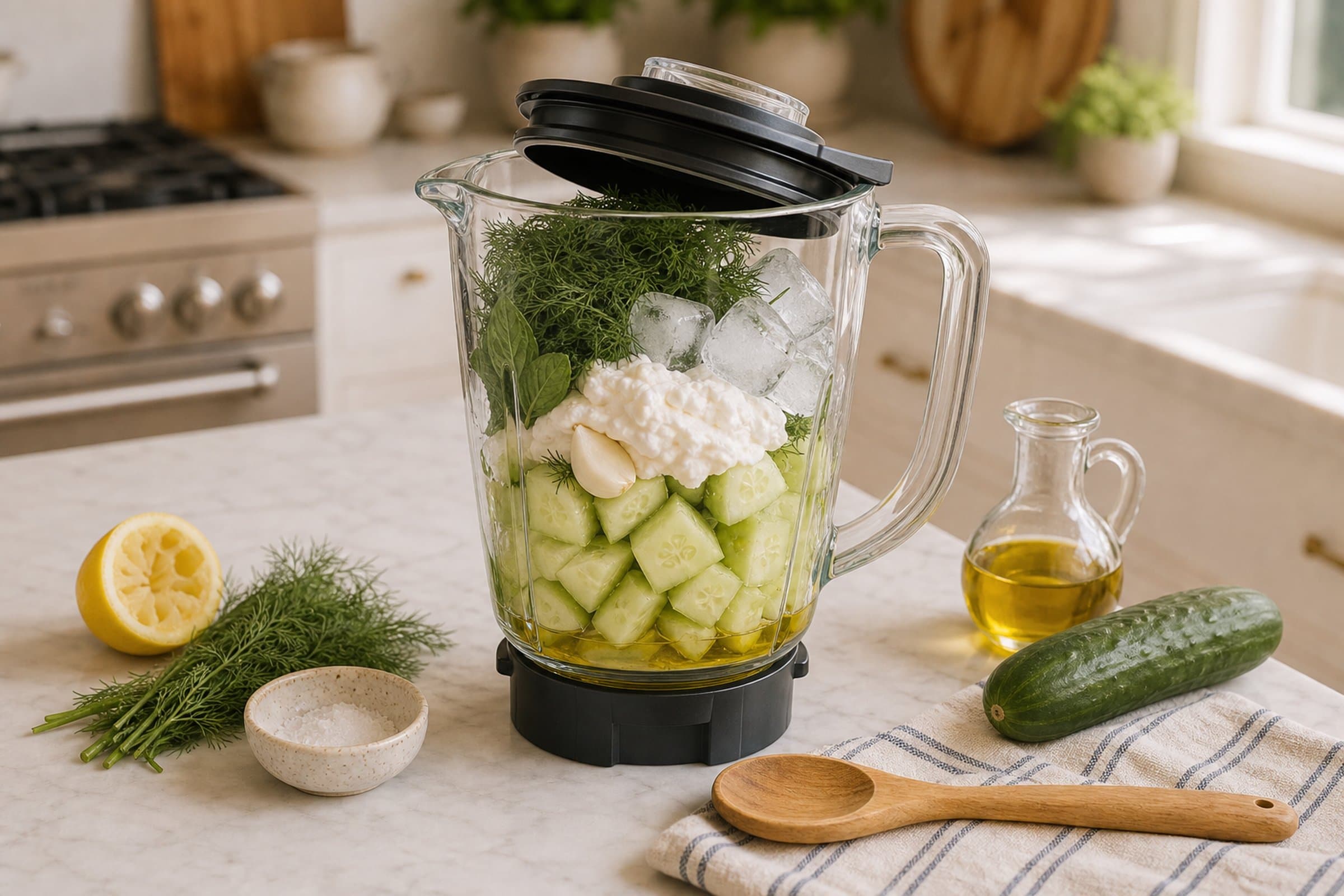 A clear glass high-speed blender on a white marble counter, the pitcher filled with chunks of cucumber, a heap of fresh dill fronds, fresh mint leaves, a heaping scoop of thick white skyr, and a few ice cubes, caught a split-second before the blades start, with the lid set askew on top. On the counter beside the blender: a halved lemon, a small bunch of fresh dill, a small ceramic dish of kosher salt, and a small clear glass cruet of olive oil.