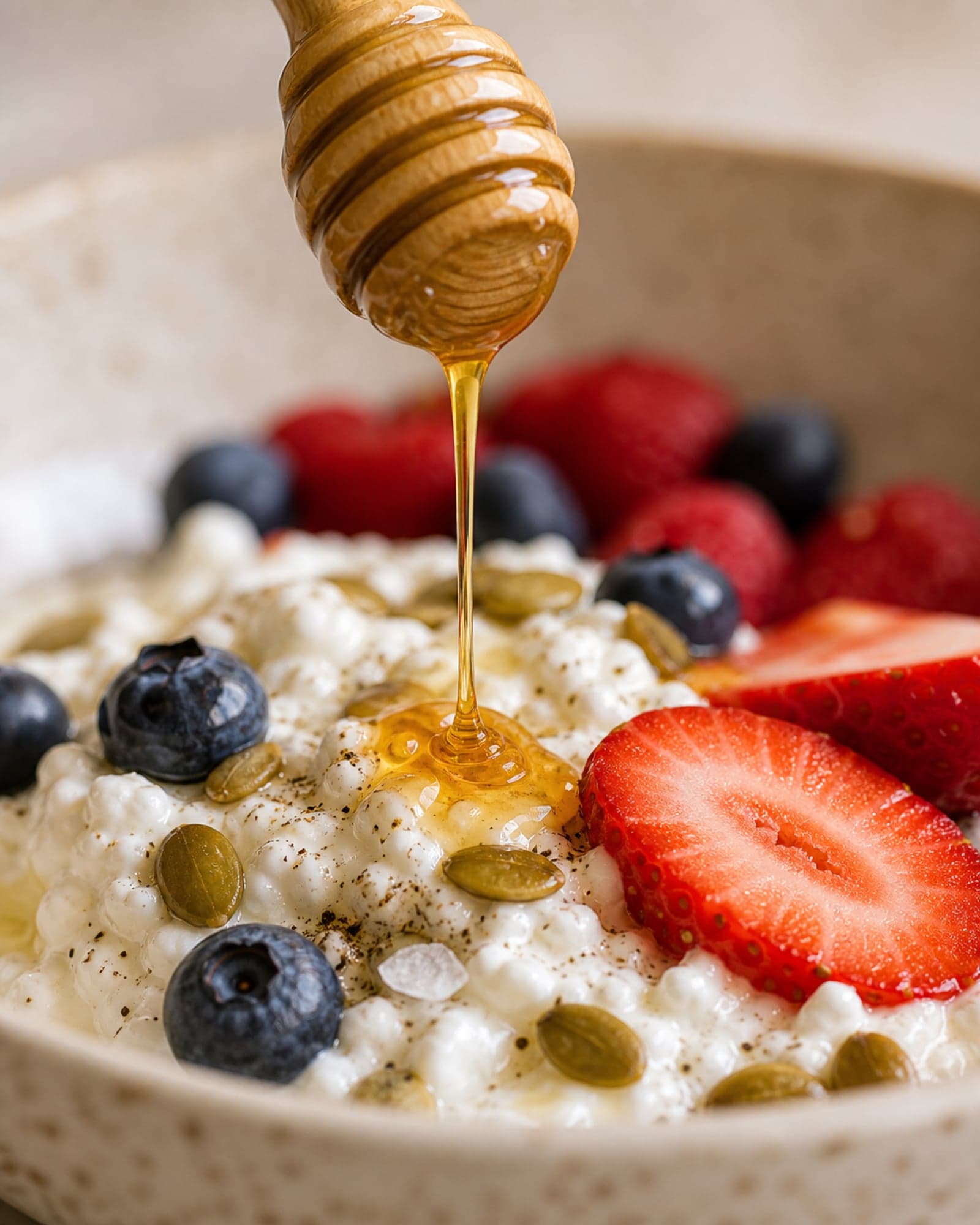 Macro close-up of a wooden honey dipper held above the breakfast bowl, with a slow steady amber strand of golden honey mid-fall onto a heap of creamy cottage cheese with clearly visible curds. A halved strawberry showing its bright red cut interior, blueberries, scattered toasted green pumpkin seeds, and tiny dark specks of ground cardamom are arranged around the honey strand. A flake of flaky sea salt is visible on the cottage cheese.