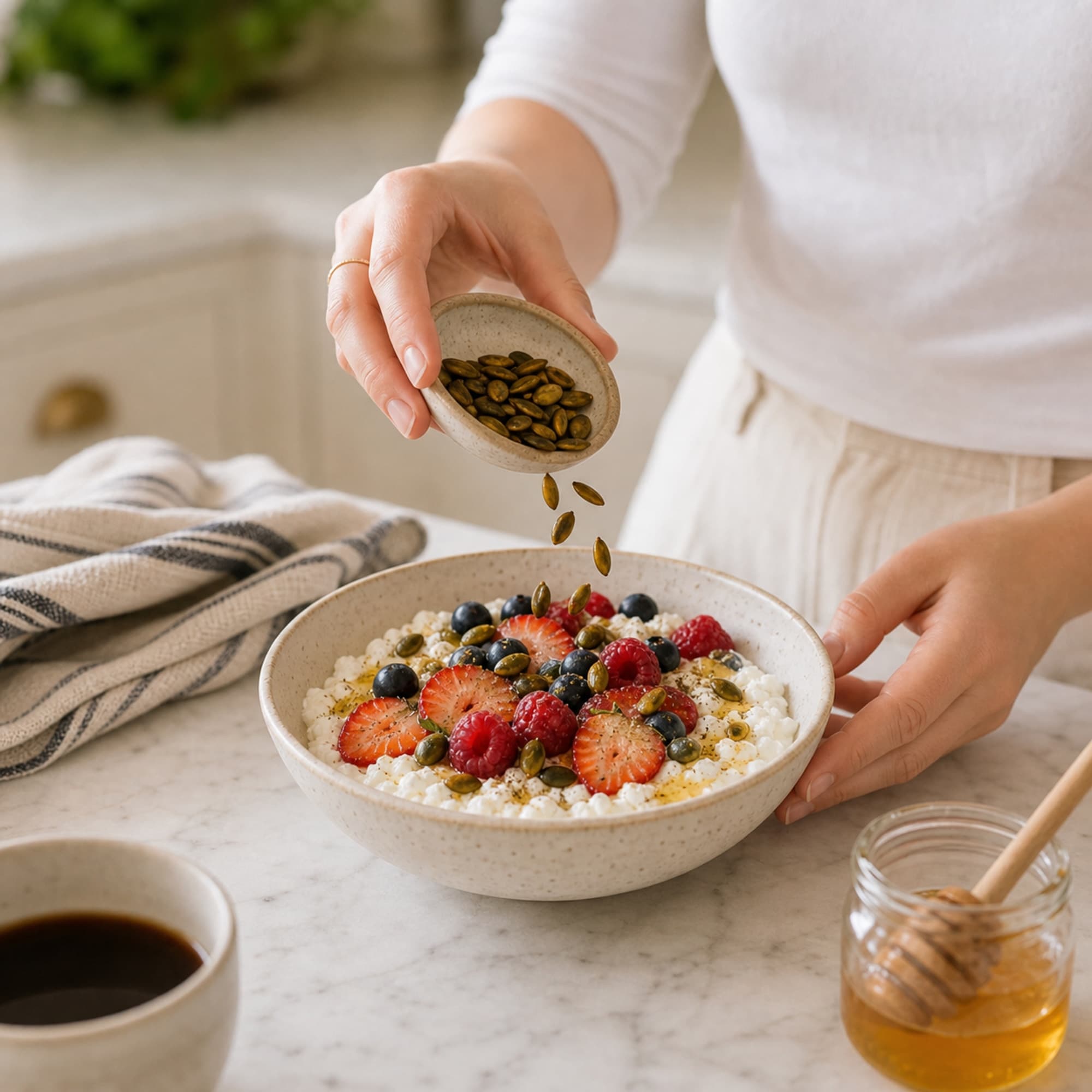 A pair of hands in a fitted white tee with three-quarter sleeves tilting a small cream-speckled ceramic dish of toasted golden-green pumpkin seeds over an assembled cottage cheese breakfast bowl, with several seeds visible mid-fall. The bowl below shows creamy cottage cheese topped with halved strawberries, blueberries, raspberries, a swirl of honey, and a dusting of cardamom. A folded striped cream-and-blue linen tea towel sits to the left, a small clear glass jar of honey with a wooden dipper at the lower-right, and a small ceramic cup of black coffee softly out of focus at the lower-left, on a white marble counter.