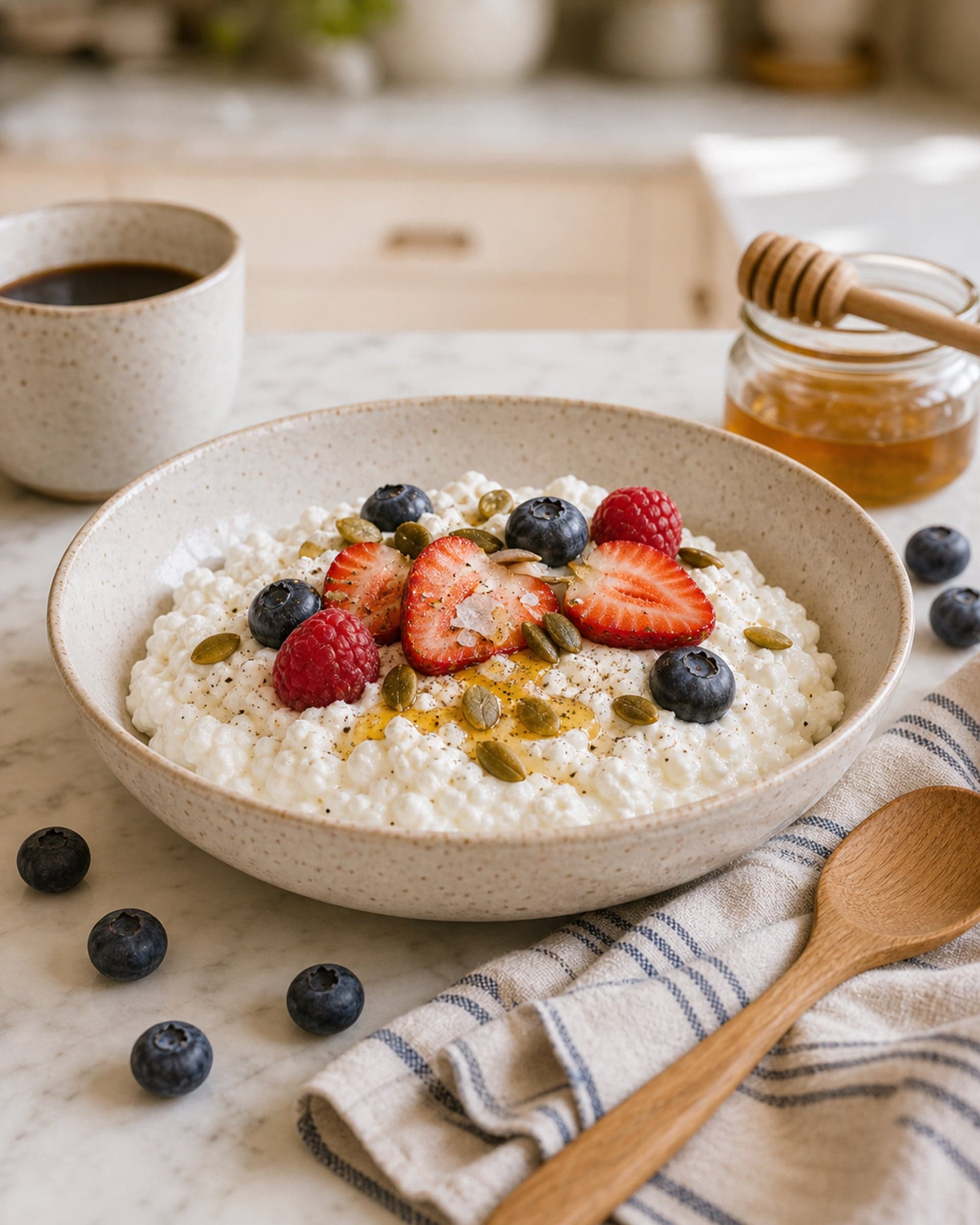 A wide cream-speckled stoneware bowl on a white marble counter holding a generous heap of creamy full-fat cottage cheese with visible curds, topped casually with fresh blueberries, sliced strawberries, a few raspberries, a slow drizzle of golden honey pooling on the surface, a small handful of toasted golden-green pumpkin seeds scattered, a tiny dusting of ground cardamom, and a flake of flaky sea salt. A small clear glass jar of honey with a wooden honey dipper, a small ceramic cup of black coffee, a folded striped cream-and-blue linen tea towel, and a small handful of fresh blueberries beside the bowl. Soft morning light from the kitchen window.