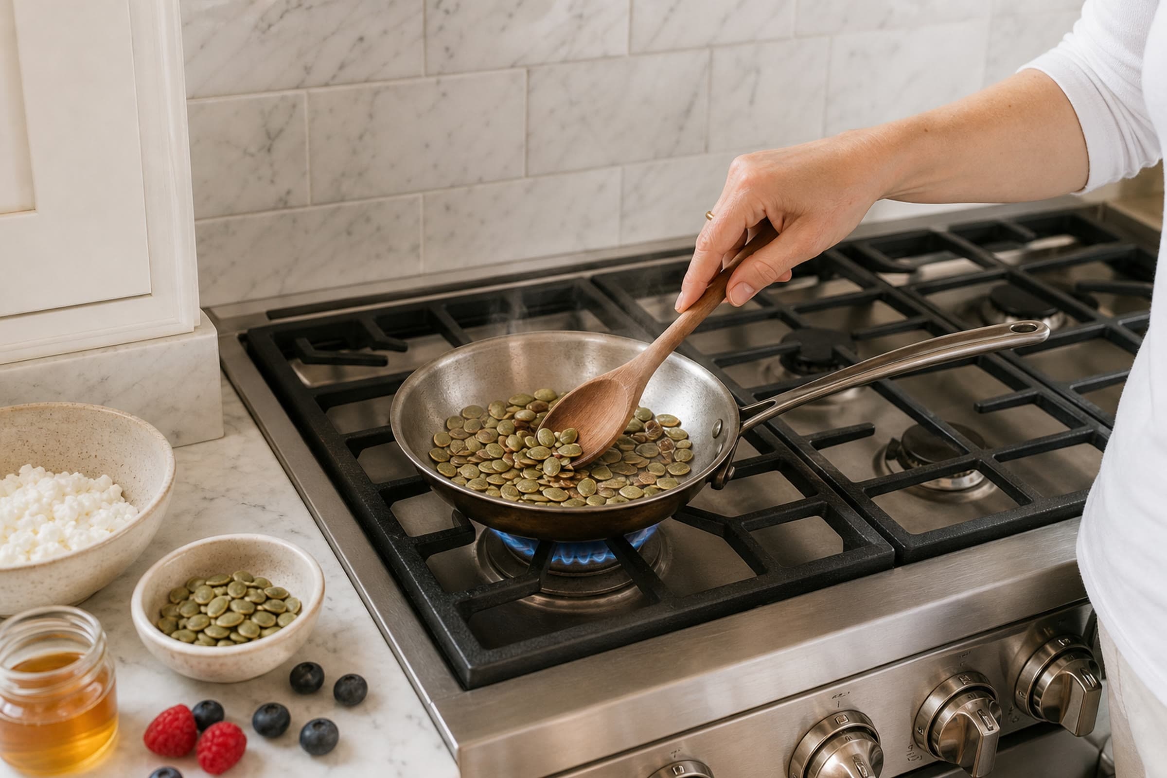 A hand in a fitted white tee with three-quarter sleeves holding a wooden spoon and gently stirring toasted green pumpkin seeds in a small stainless steel skillet on a lit gas stovetop. A small blue gas flame is visible under the pan and cast iron grates surround it. A marble subway-tile backsplash sits directly behind the stove and a white shaker base cabinet flanks at the left. On the marble counter at the lower-left edge: a small bowl with cottage cheese already scooped, a small ceramic dish of raw pumpkin seeds, a small jar of honey, and a few fresh berries waiting to be assembled.