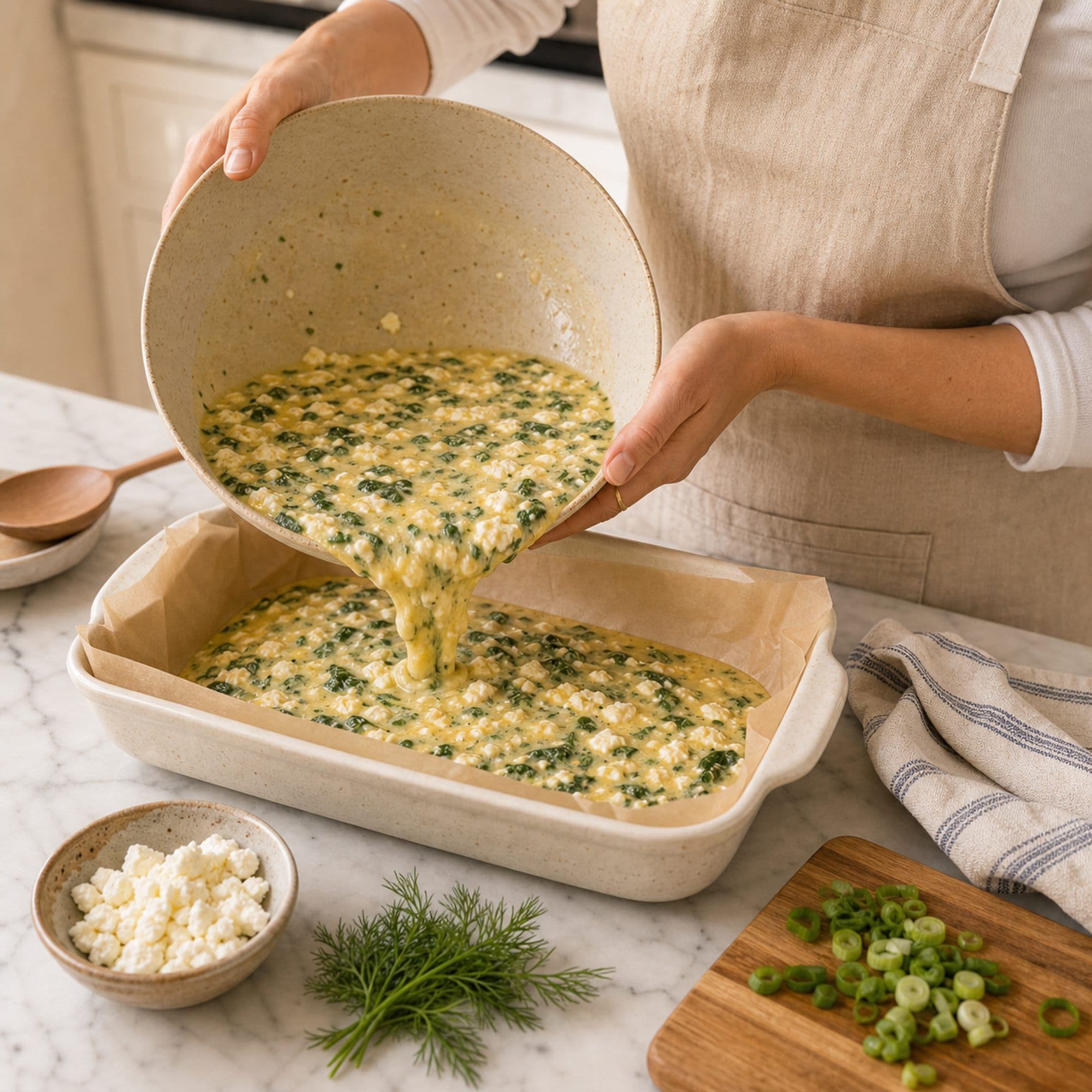 A pair of women's hands in a beige linen apron worn over a fitted white tee at three-quarter forearm length pouring the egg-cottage-cheese-spinach mixture from a large cream-speckled stoneware mixing bowl into a parchment-lined 9x13-inch ceramic baking dish on a white marble counter. The mixture is a pale yellow with visible green spinach pieces and white cottage cheese curds; it has filled about two-thirds of the dish. A thin gold band visible on one finger. Beside the dish: a small ceramic dish of crumbled feta ready to scatter, a small bunch of fresh dill, a folded striped cream-and-blue linen tea towel, sliced scallions on a small wooden cutting board.