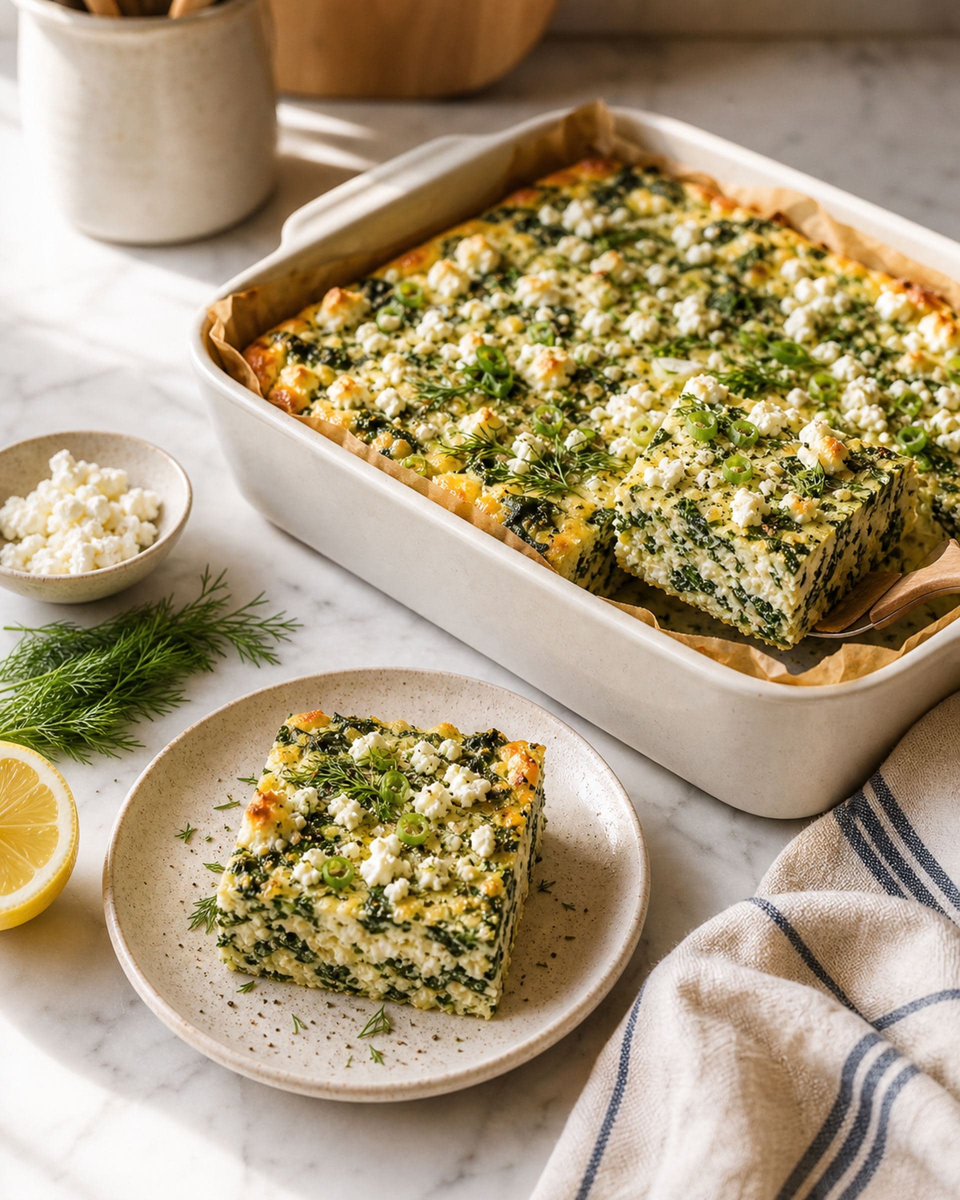 A 9x13-inch parchment-lined ceramic baking dish on a white marble counter, holding a finished spinach and feta egg bake: a thick fluffy custard cooked through, deep green wilted spinach folded throughout, generous crumbles of white feta scattered across the surface and browned at the edges, a snow of finely chopped fresh dill, sliced scallions, and a few cracks of black pepper. One corner has been cut into a tidy 3-inch square and slightly lifted. Beside the dish: a small cream-speckled stoneware plate holding one cut square, a small ceramic dish of more crumbled feta, a small bunch of fresh dill, a folded striped cream-and-blue linen tea towel, and a halved lemon. Soft mid-morning kitchen light.