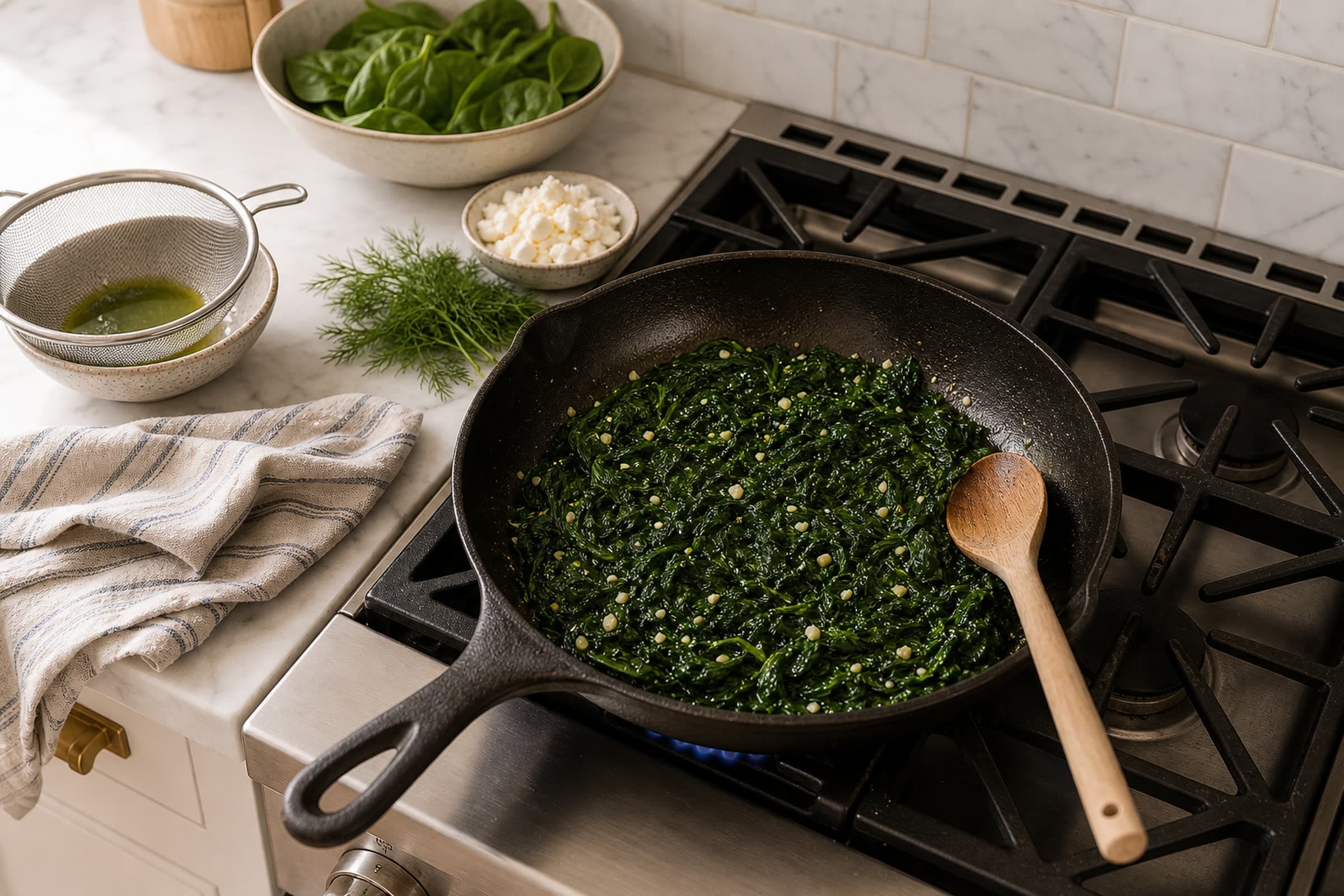 A near-overhead view of a large cast iron skillet on a lit gas stovetop holding deeply wilted dark green spinach with visible minced garlic, the spinach collapsed down from a much larger volume, glossy with olive oil and no longer giving off liquid. A wooden spoon rests at the edge of the skillet. Beside the stove on the marble counter: a sieve catching draining spinach liquid, a heap of fresh baby spinach not yet cooked in the back, a small ceramic dish of crumbled feta, a small bunch of fresh dill, and a folded striped cream-and-blue linen tea towel.