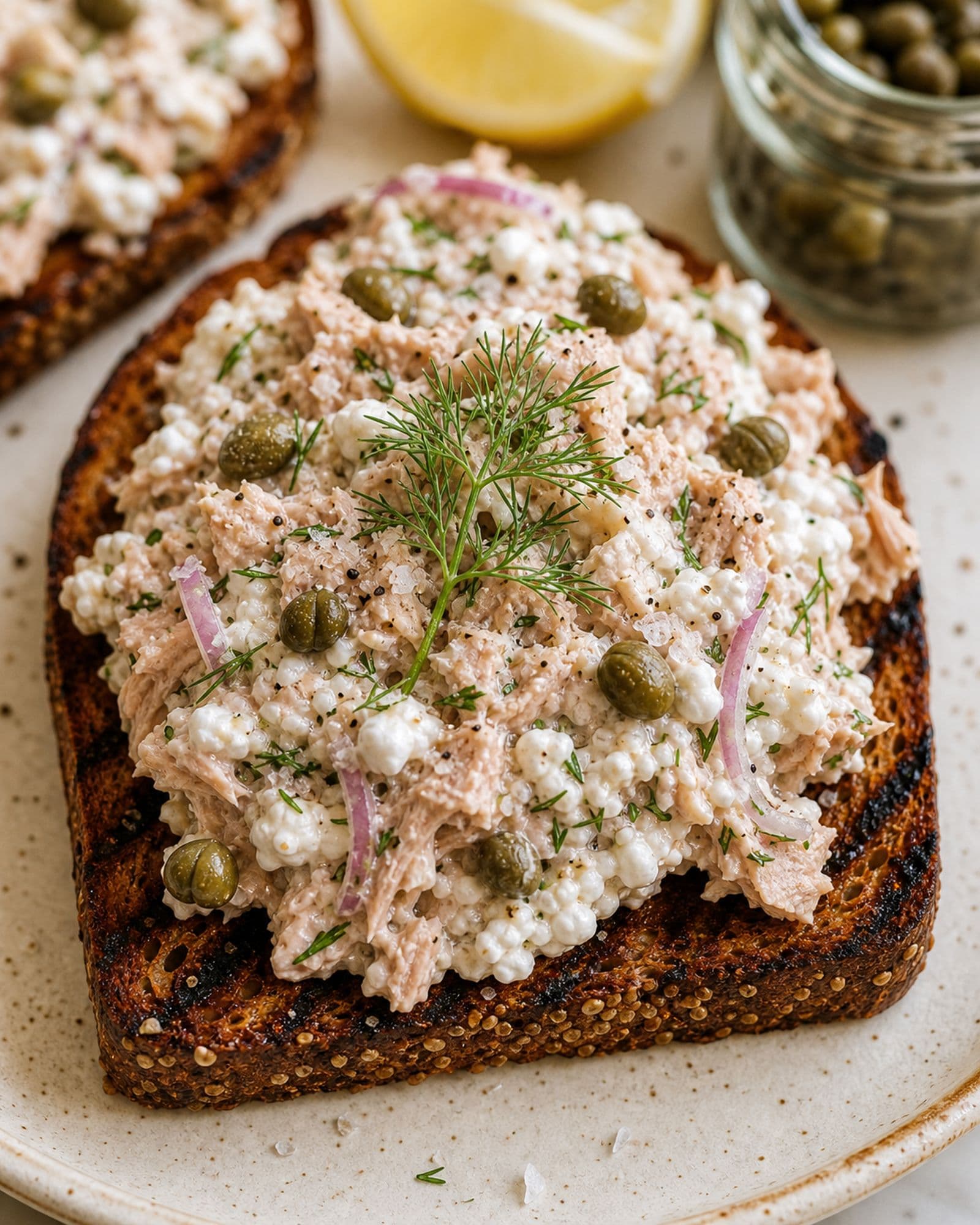 Near-top-down macro of one assembled cottage cheese tuna salad toast on a cream-speckled stoneware plate: a thick slice of grilled dark seeded rye with visible char marks at the crust edges, piled with a generous mound of the salad showing clearly visible flakes of tuna, white cottage cheese curds, scattered bright green capers, finely chopped fresh dill, thin red onion slices, cracked black pepper, and a single fresh dill sprig set on top. A lemon wedge and a small clear glass jar of capers sit softly behind.