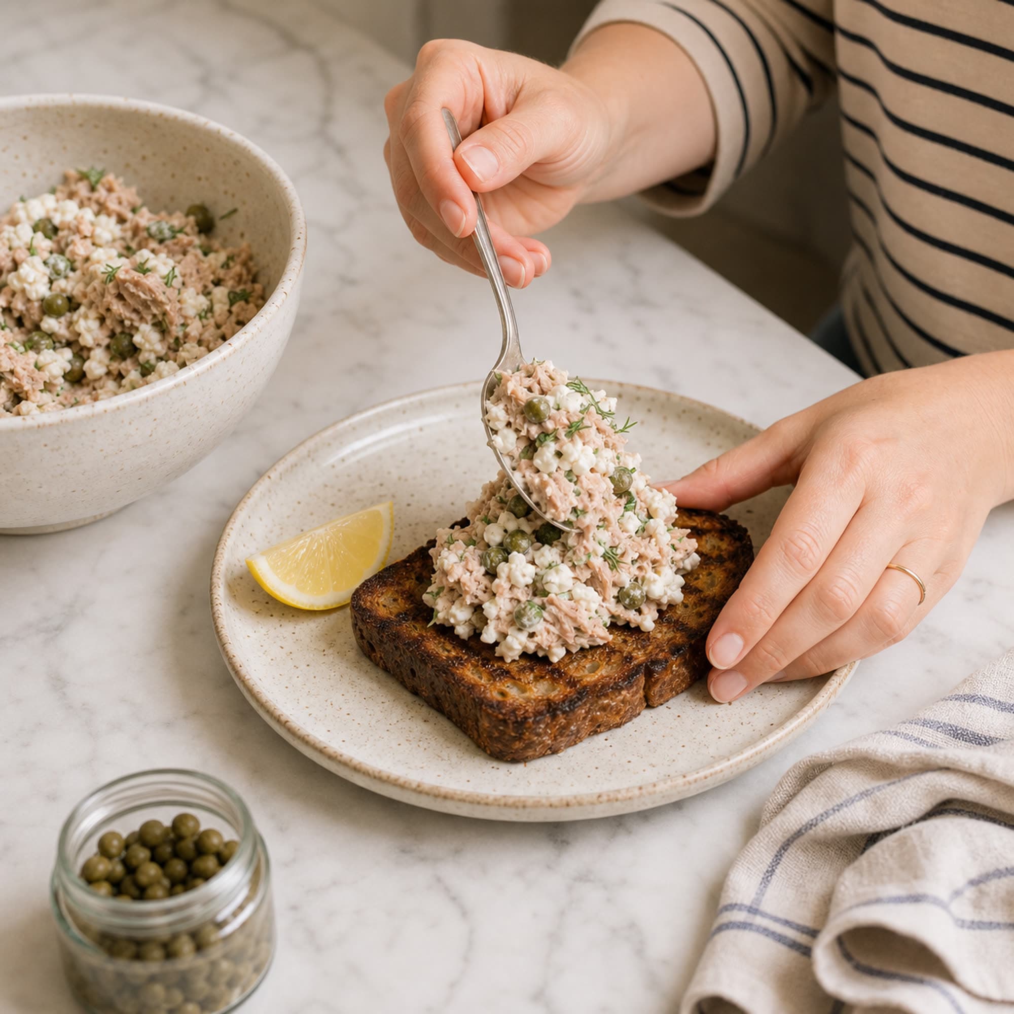 A pair of hands in a beige Breton-striped tee with one hand using a stainless steel spoon to pile a generous mound of cottage cheese tuna salad onto a warm slice of grilled dark seeded rye on a cream-speckled stoneware plate, while the other hand steadies the slice. The salad on the spoon shows visible tuna flakes and cottage cheese curds. A cream-speckled mixing bowl with the remaining salad sits at the upper-left edge, a small clear glass jar of capers at the lower-left, a lemon wedge on the plate, and a folded striped cream-and-blue linen tea towel at the lower-right, on a white marble counter.