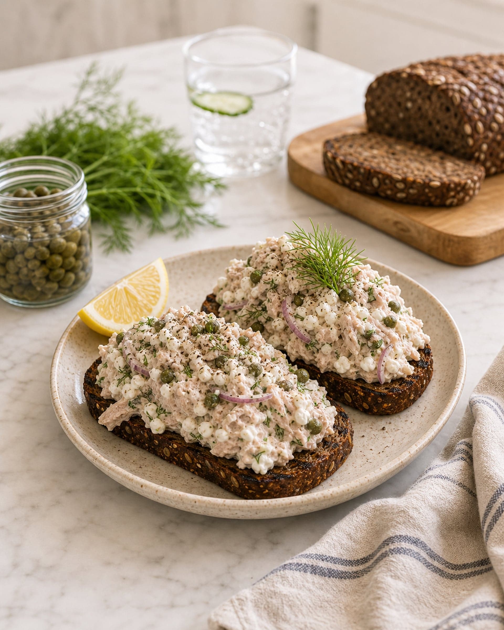 Two slices of grilled dark rye bread on a small cream-speckled stoneware plate on a white marble counter, each piled high with creamy cottage-cheese tuna salad showing visible flakes of tuna, small curds of cottage cheese, scattered bright green capers, finely chopped fresh dill, a thin slice of red onion, a few cracks of black pepper, and a flake of flaky salt. A small lemon wedge rests on the plate beside the toasts. A small clear glass jar of capers, a folded striped cream-and-blue linen tea towel, and a small bunch of fresh dill sit on the marble beside the plate. Soft midday light from the kitchen window.