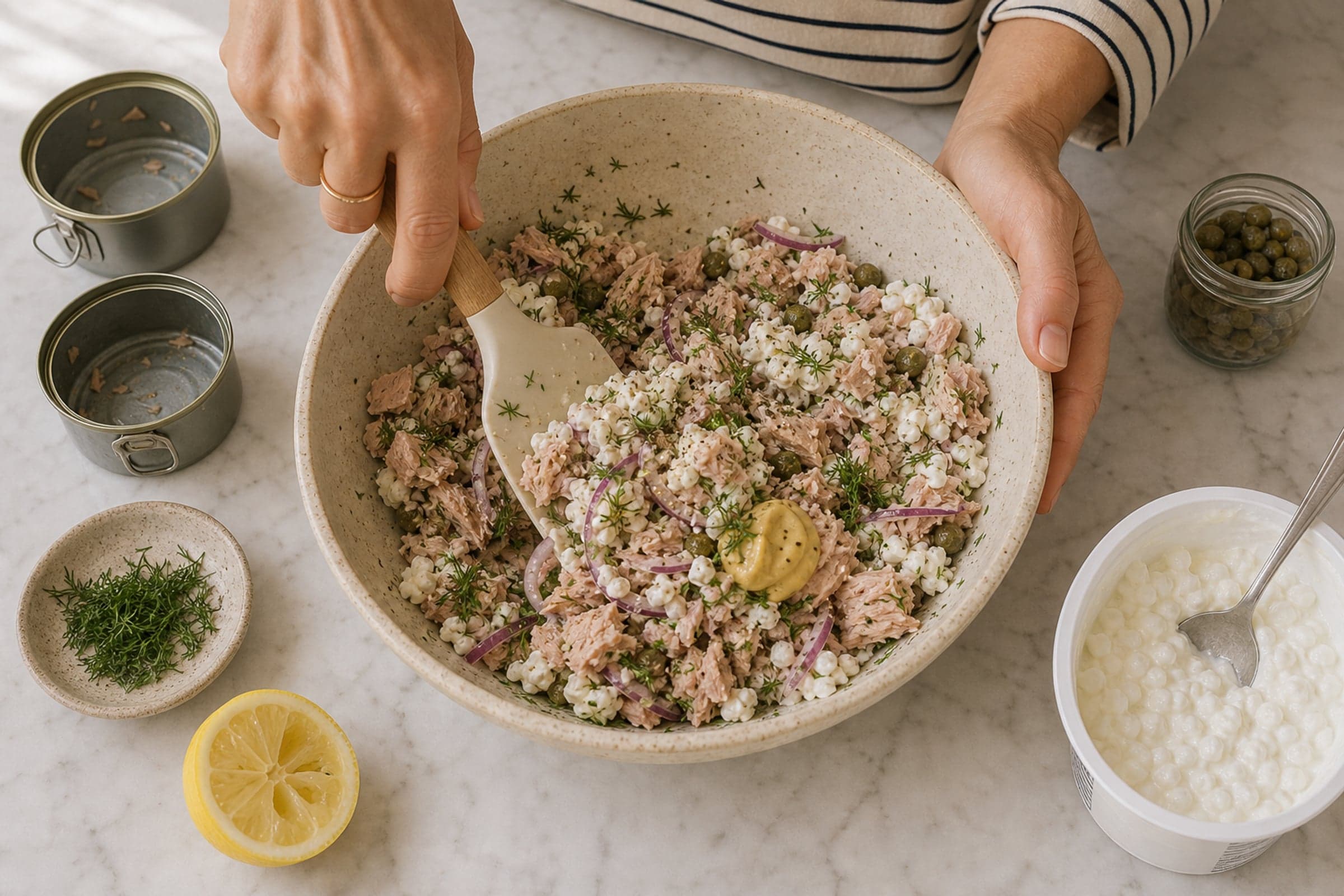 A near-overhead view of a pair of hands in a beige Breton-striped tee gently folding the cottage cheese tuna salad together in a large cream-speckled stoneware mixing bowl with a wooden spatula. Visible inside the bowl: flakes of tuna, white cottage cheese curds, scattered bright green capers, finely chopped fresh dill, thin slices of red onion, a small dollop of dijon mustard half-stirred in. Two empty drained tuna cans, a small dish of chopped dill, a halved juiced lemon, a small jar of capers, and an open tub of cottage cheese with a spoon resting in it surround the bowl on the white marble counter.