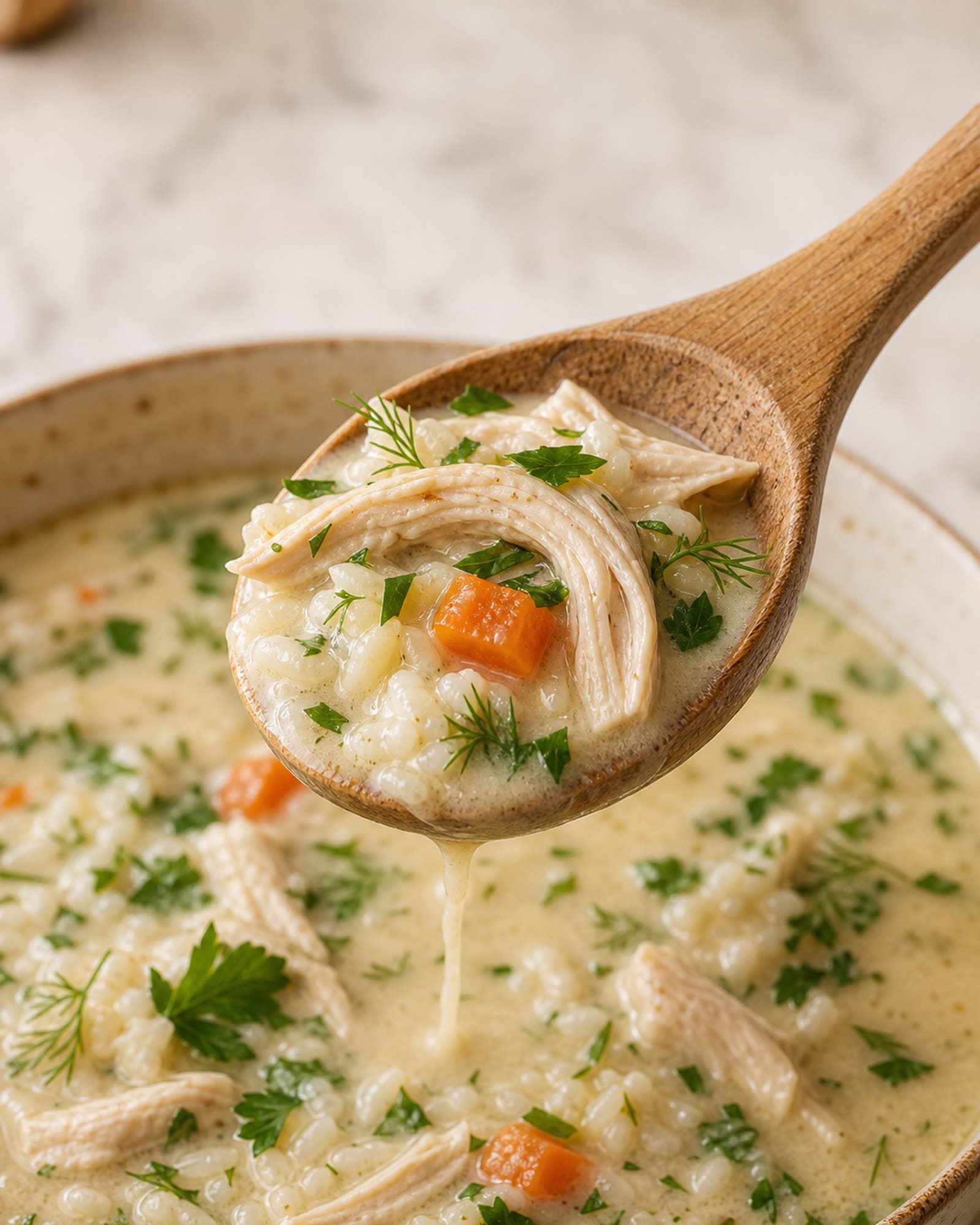 Close-up of a light oak wooden spoon lifted from a bowl of creamy chicken and rice soup, broth dripping back into the bowl, with visible shredded chicken, tender rice, a soft carrot dice, and fresh parsley and dill.