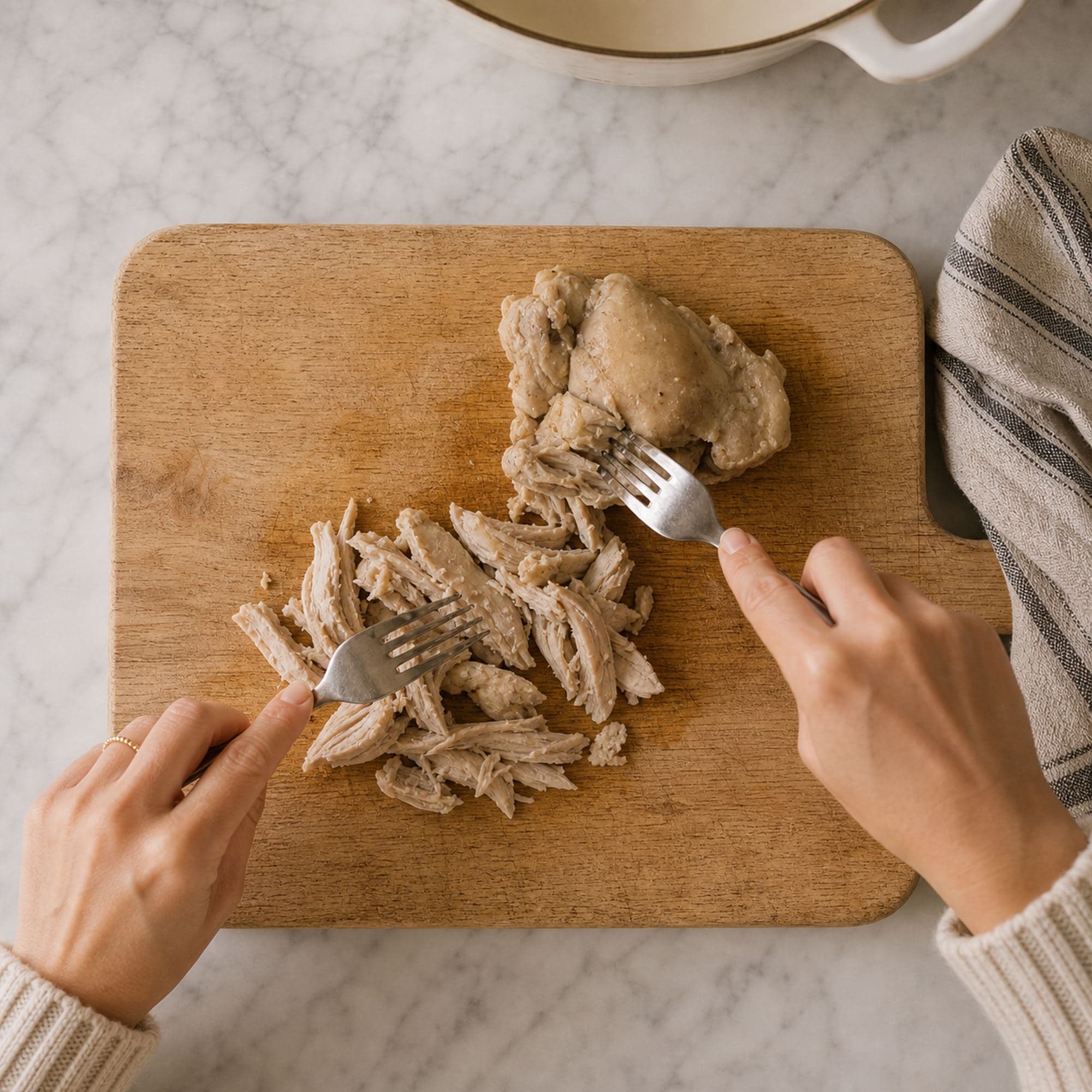 Overhead view of a pair of hands using two stainless steel forks to shred a cooked chicken thigh on a light oak wooden cutting board, with a few already-shredded pieces alongside, the edge of a cream enameled Dutch oven peeking into the upper right corner, and a striped cream-and-blue linen tea towel to the right, on a white marble counter.