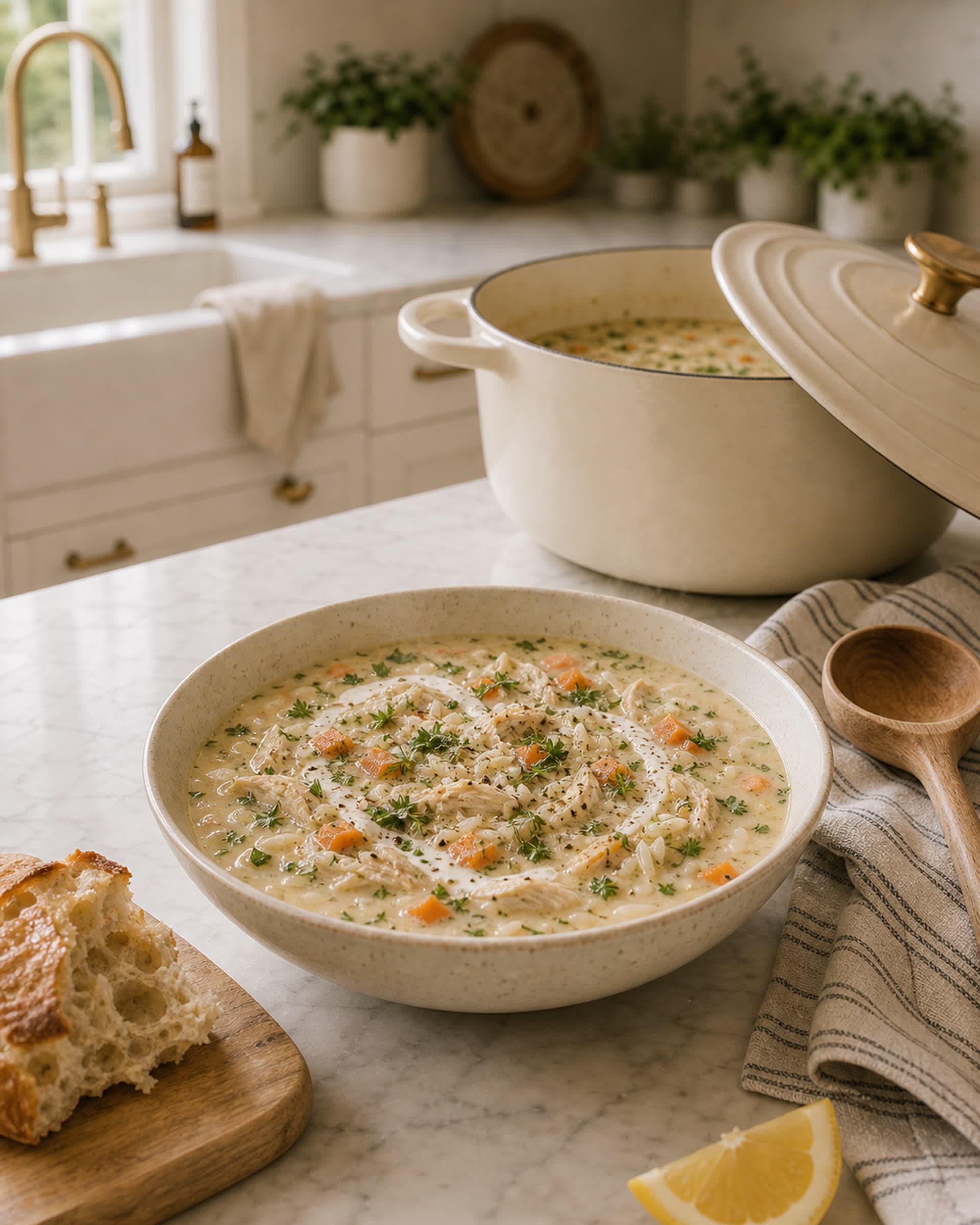 A wide cream-speckled stoneware bowl of creamy chicken and rice soup with shredded chicken, tender rice, soft diced carrots, fresh parsley and dill, and a swirl of cream on top, on a white marble counter beside an open cream enameled Dutch oven, a wooden spoon resting on a striped cream-and-blue linen towel, and a torn piece of crusty sourdough.