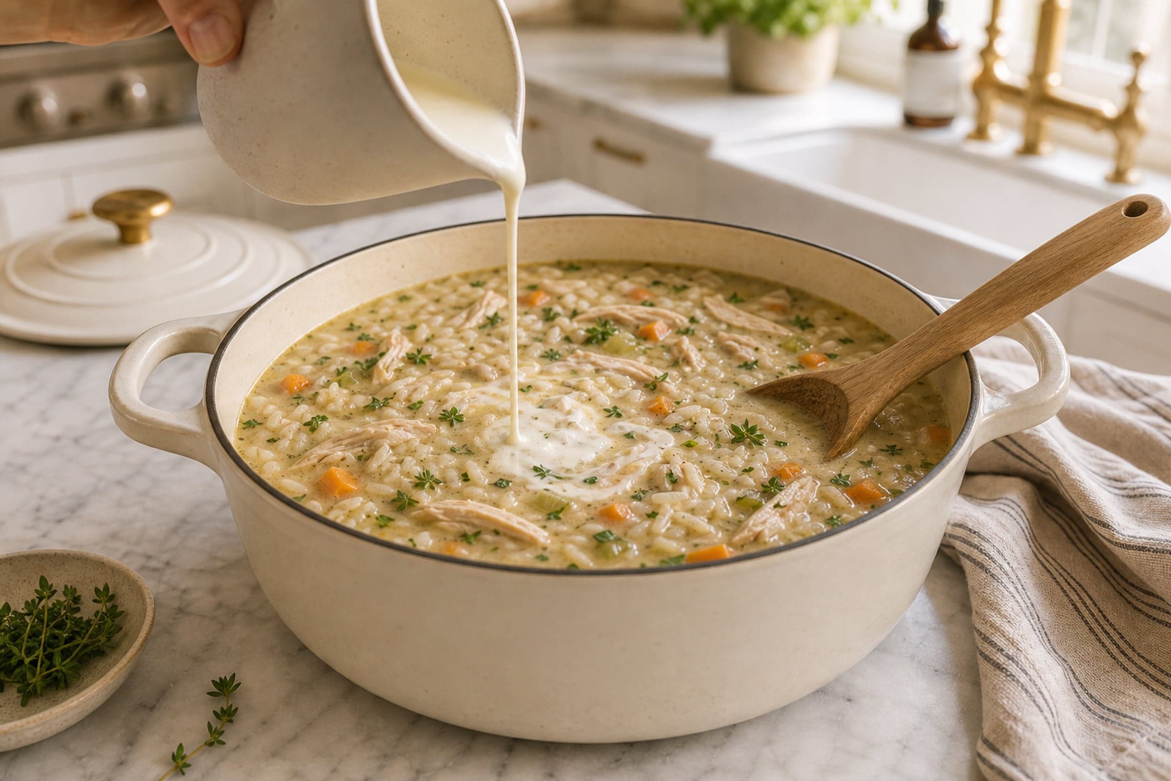 A small cream pitcher pouring a thin stream of cream into a cream enameled Dutch oven full of finished chicken and rice soup, with shredded chicken, tender rice, soft diced carrots, and fresh herbs visible on the surface. A wooden spoon rests in the pot. On a white marble counter beside a small bowl of fresh thyme and a striped cream-and-blue linen tea towel.