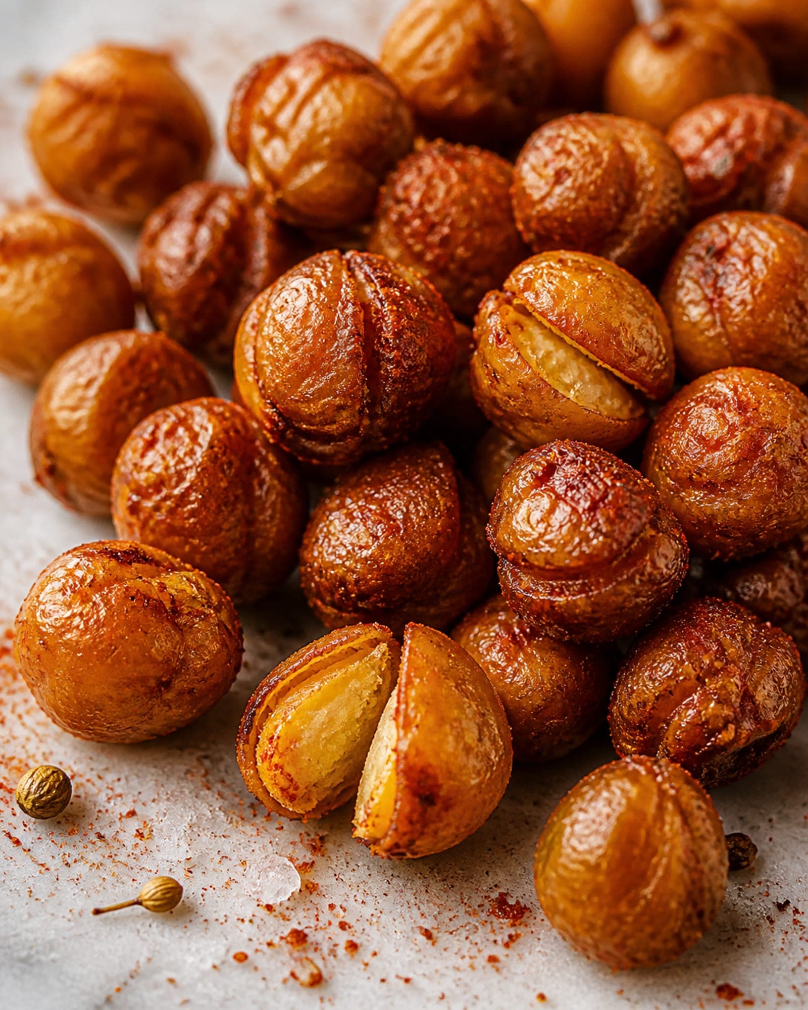 A close macro of smoky roasted chickpeas showing the shatter-crisp, blistered, deeply golden-red texture, a few split open and dusted with paprika.