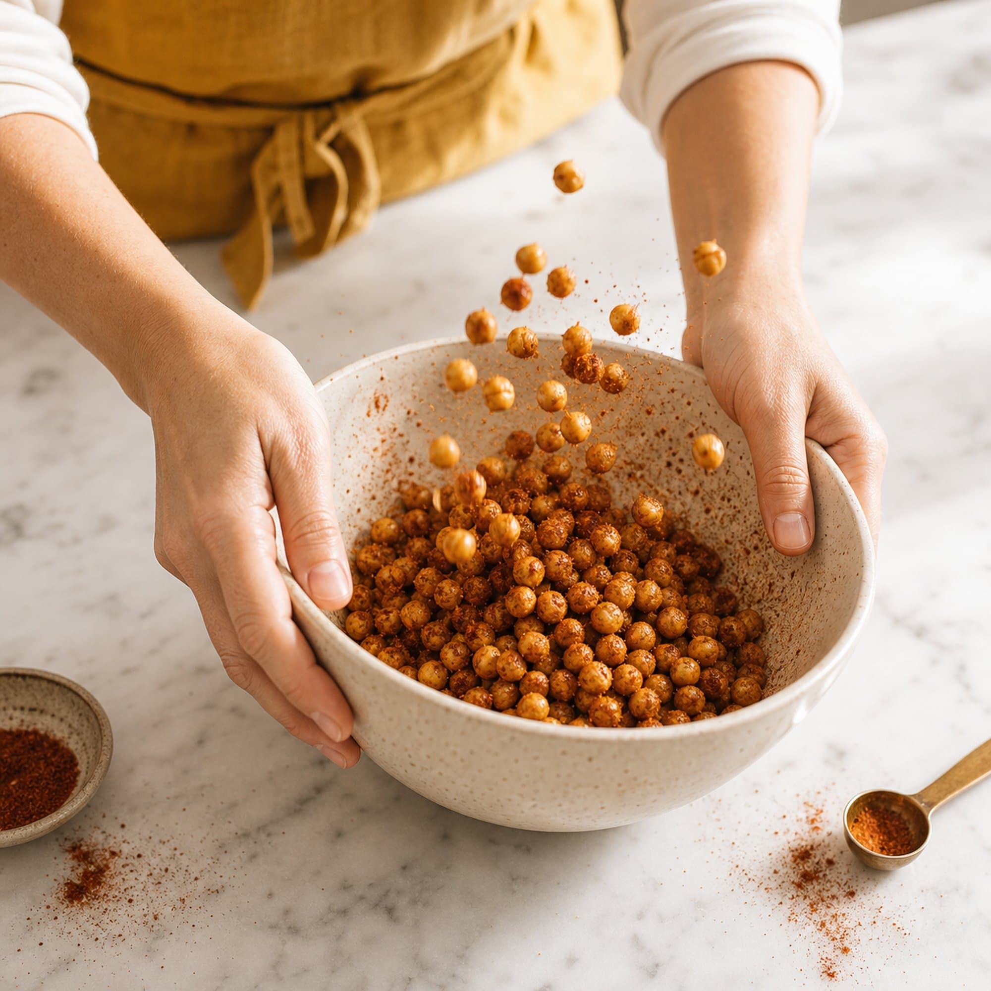 A pair of hands in a mustard apron tossing roasted chickpeas with spices in a cream-speckled bowl on a marble counter, a few chickpeas caught mid-air.