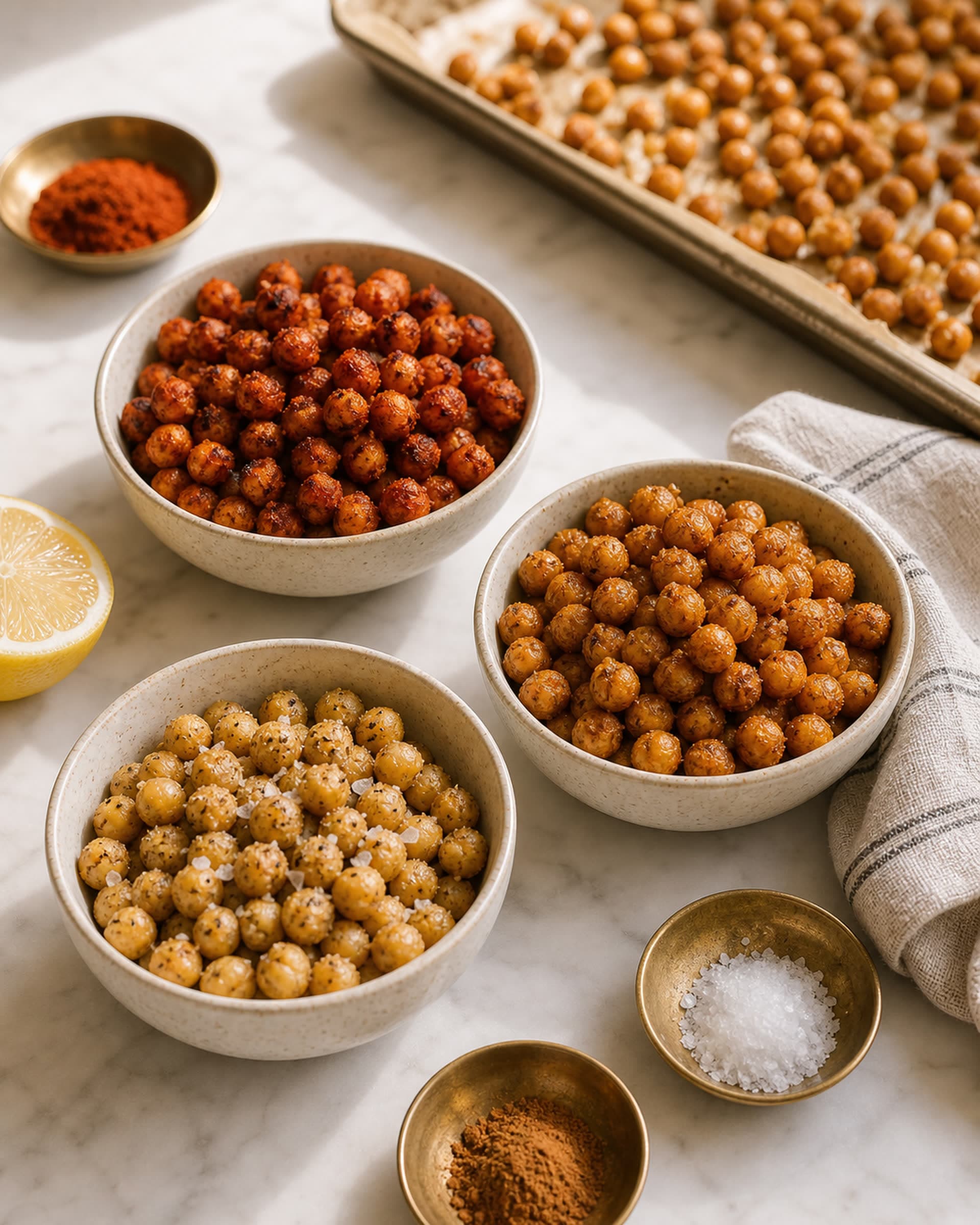 Three small cream-speckled bowls of crispy roasted chickpeas on a white marble counter, each a different shade: deep red smoky paprika, pale salt and vinegar, and golden honey cinnamon. A sheet pan with more roasted chickpeas sits softly behind, with small dishes of spices and a halved lemon on the marble. Soft natural light from the kitchen window.