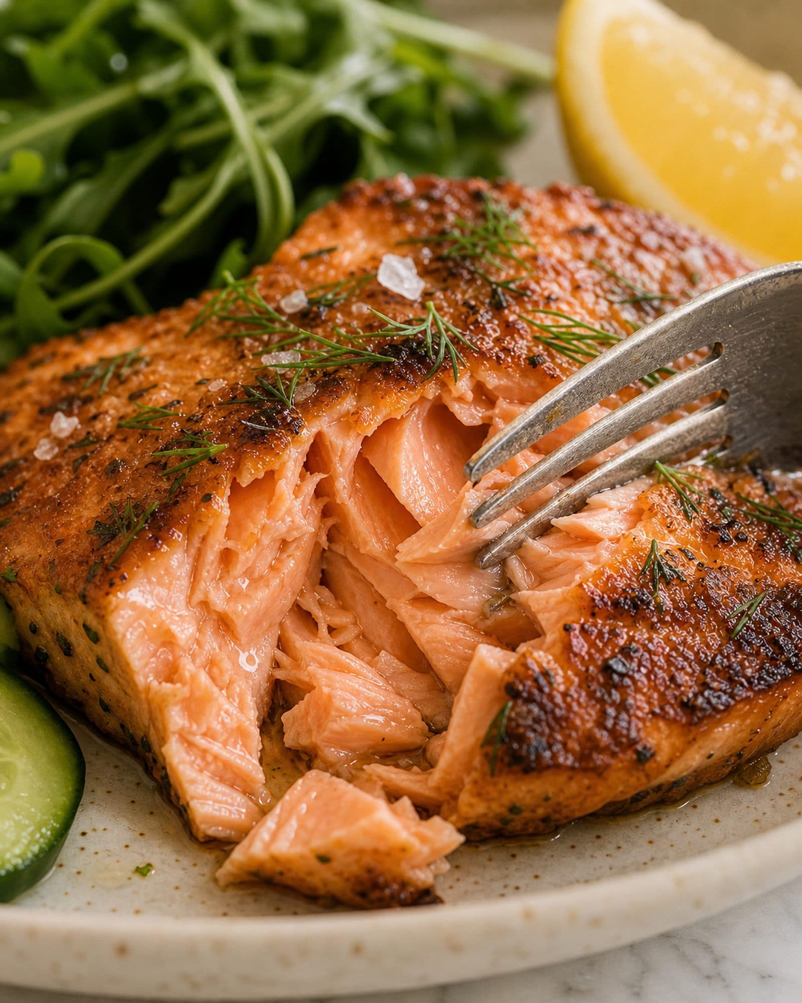 Tight close-up of a fork flaking open one of the herb-crusted salmon fillets, showing the moist salmon-pink interior layers, a few flakes of flaky salt, fresh dill on top, with a blur of arugula and a lemon wedge at the edge of the frame.