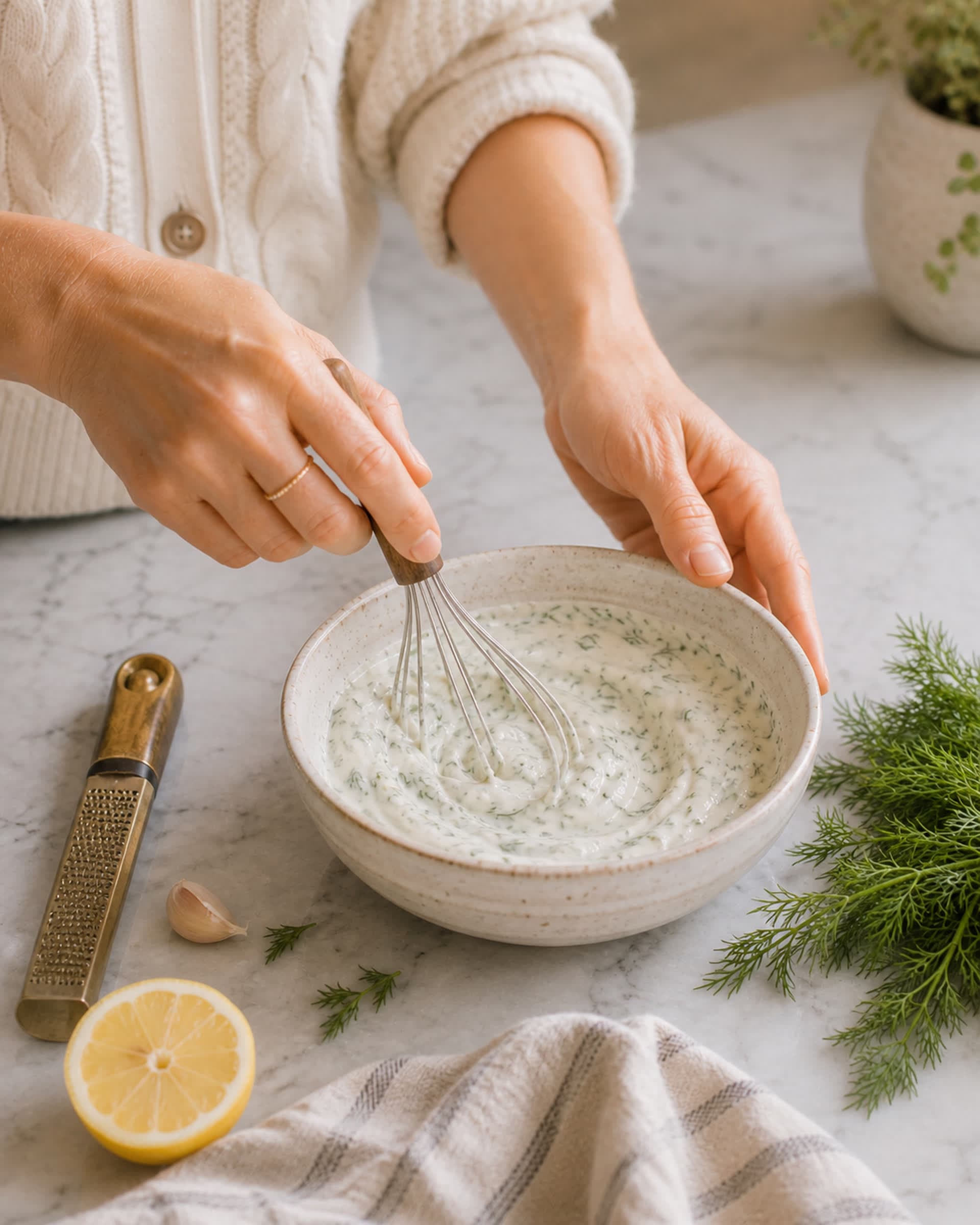 A pair of hands stirring the dill yogurt sauce together with a small whisk in a cream-speckled ceramic bowl on the white marble counter, with fresh dill fronds, a halved lemon, a small garlic clove, and a brass microplane resting nearby.