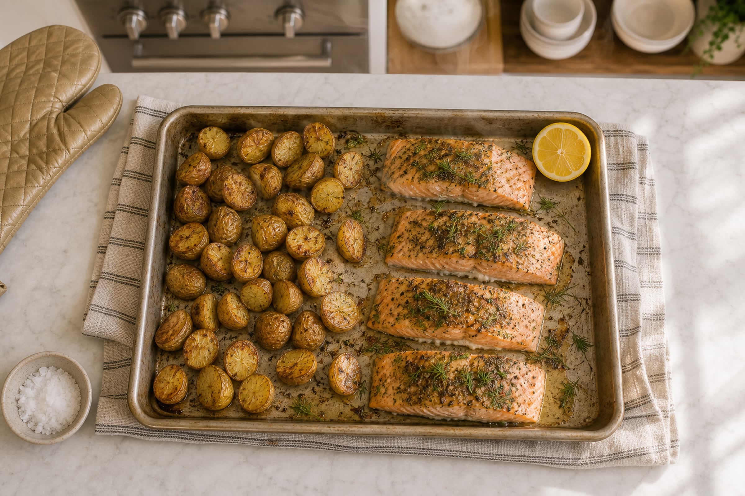 A sheet pan fresh from the oven with golden roasted halved baby potatoes on one side and four herb-crusted salmon fillets on the other, a halved lemon, a small pinch bowl of flaky salt, a striped linen towel, and a brass oven mitt on the marble counter.