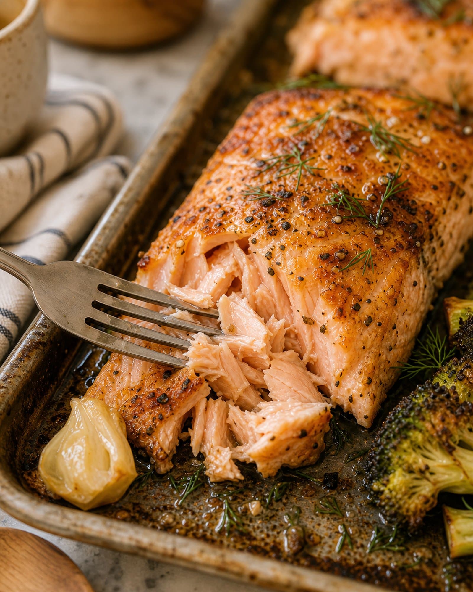 Macro close-up of a fork flaking apart one salmon fillet on a sheet pan, revealing the moist pale-pink interior layers contrasting with the deeply golden caramelized edge. A piece of softened smashed garlic, fresh dill leaves scattered on top, a few cracks of black pepper, and a charred broccoli floret at one edge of the frame complete the scene.