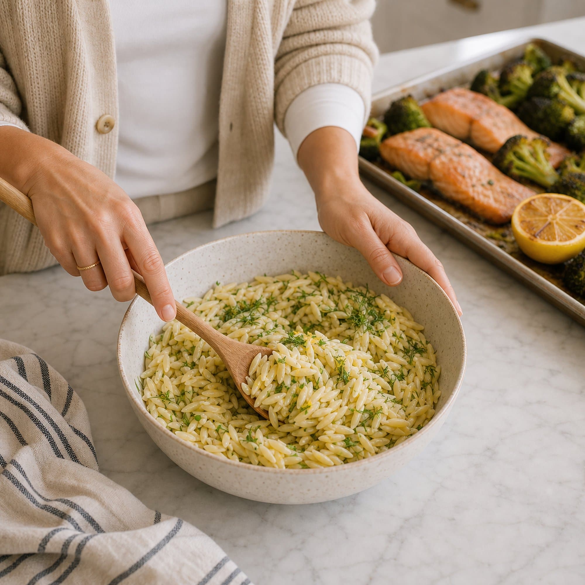 A pair of hands in an oatmeal cardigan over a fitted white tee stirring a wide cream-speckled stoneware bowl of cooked lemon orzo with a wooden spoon. The orzo glistens with melted butter and is dotted with chopped fresh dill and chives. The sheet pan of crispy salmon and charred broccoli sits softly out of focus behind the bowl, with a halved roasted lemon and a folded striped cream-and-blue linen tea towel at the edges of the white marble counter.