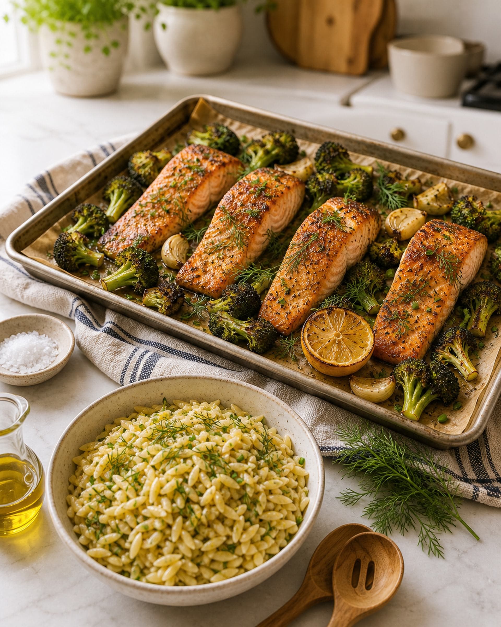 A parchment-lined half-sheet pan straight from the oven on a folded striped cream-and-blue linen tea towel on a white marble counter, holding four salmon fillets with deeply golden crispy edges and pale-pink moist centers, surrounded by deeply charred broccoli florets, smashed garlic cloves, and a halved lemon (cut-side up). Scattered fresh dill sprigs and chopped chives across the pan. Beside the pan: a wide cream-speckled stoneware bowl of cooked lemon orzo glossy with butter and dotted with bright green herbs, a small dish of flaky salt, and a small clear glass cruet of olive oil. Soft afternoon kitchen light.