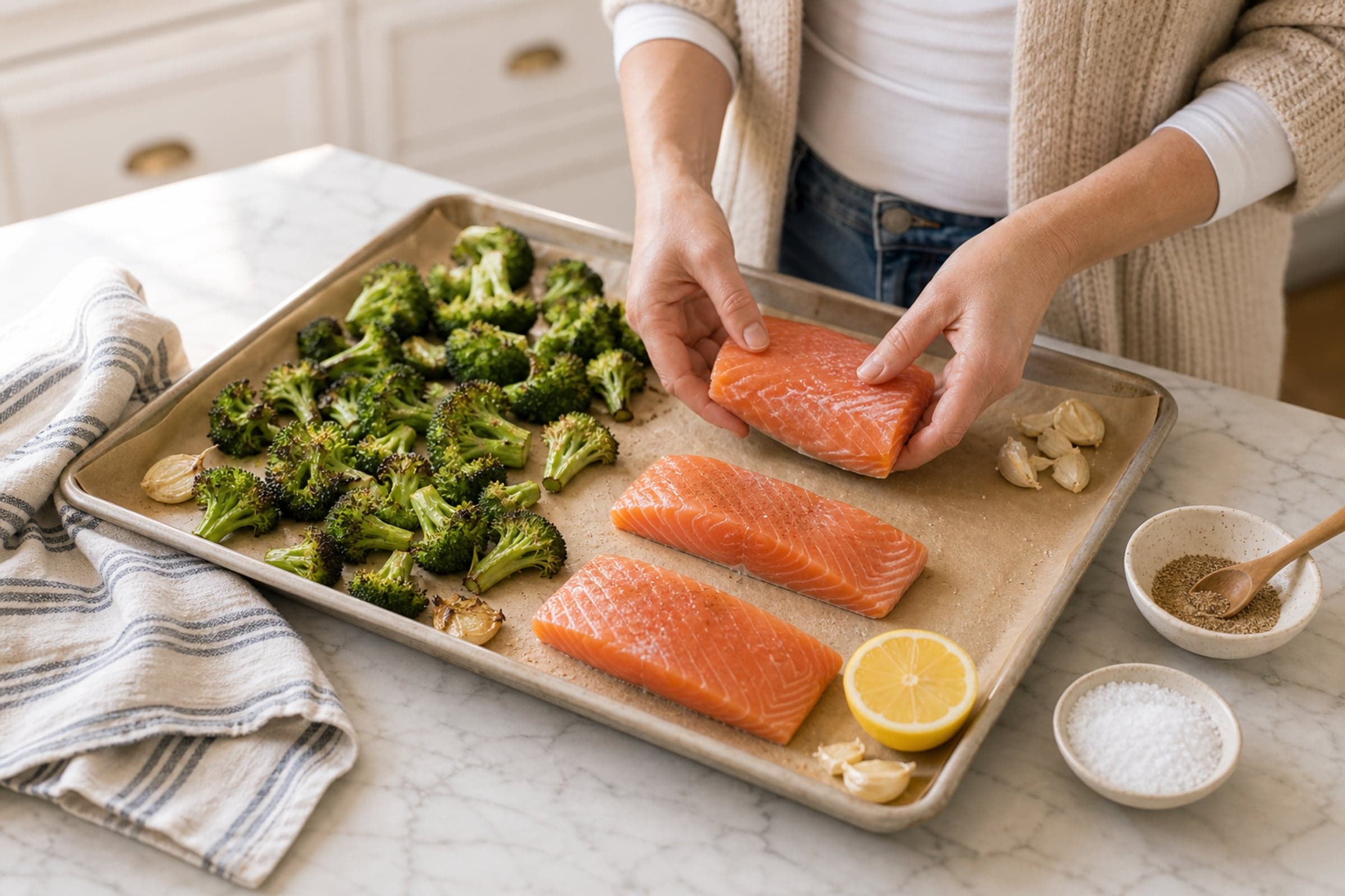 A pair of hands in an oatmeal cardigan over a fitted white tee arranging four salmon fillets onto the open half of a parchment-lined half-sheet pan that already holds pre-roasted lightly charred broccoli florets pushed to one side. Smashed garlic cloves and a halved lemon are tucked into open corners. On the marble counter beside the pan: a small dish of ground coriander with a small wooden spoon, a small bowl of kosher salt, and a folded striped cream-and-blue linen tea towel.