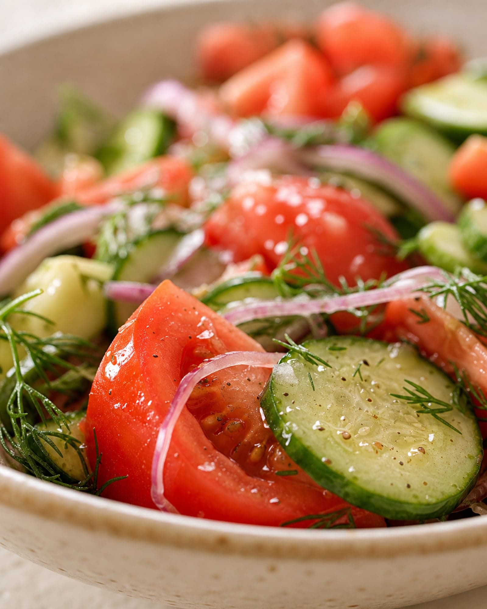 A close macro of the cucumber tomato salad in a speckled bowl: a glossy tomato wedge and cucumber rounds beaded with vinegar dressing, draped with a translucent sliver of red onion and scattered with fresh dill fronds.