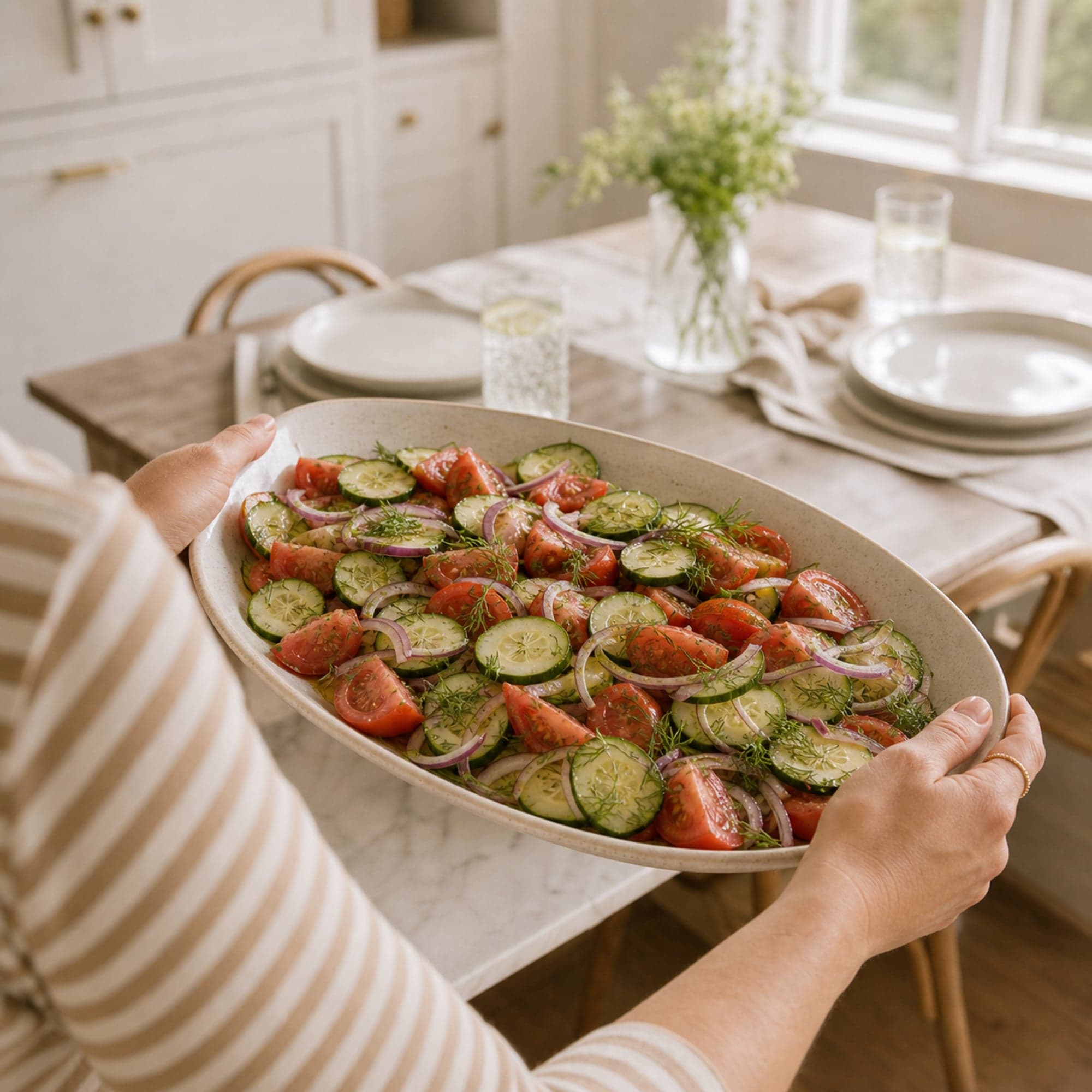 Hands in a beige striped tee carrying the finished oval platter of cucumber tomato salad toward a set table by a bright window, with plates, glasses of sparkling water, and a small vase of flowers softly out of focus.