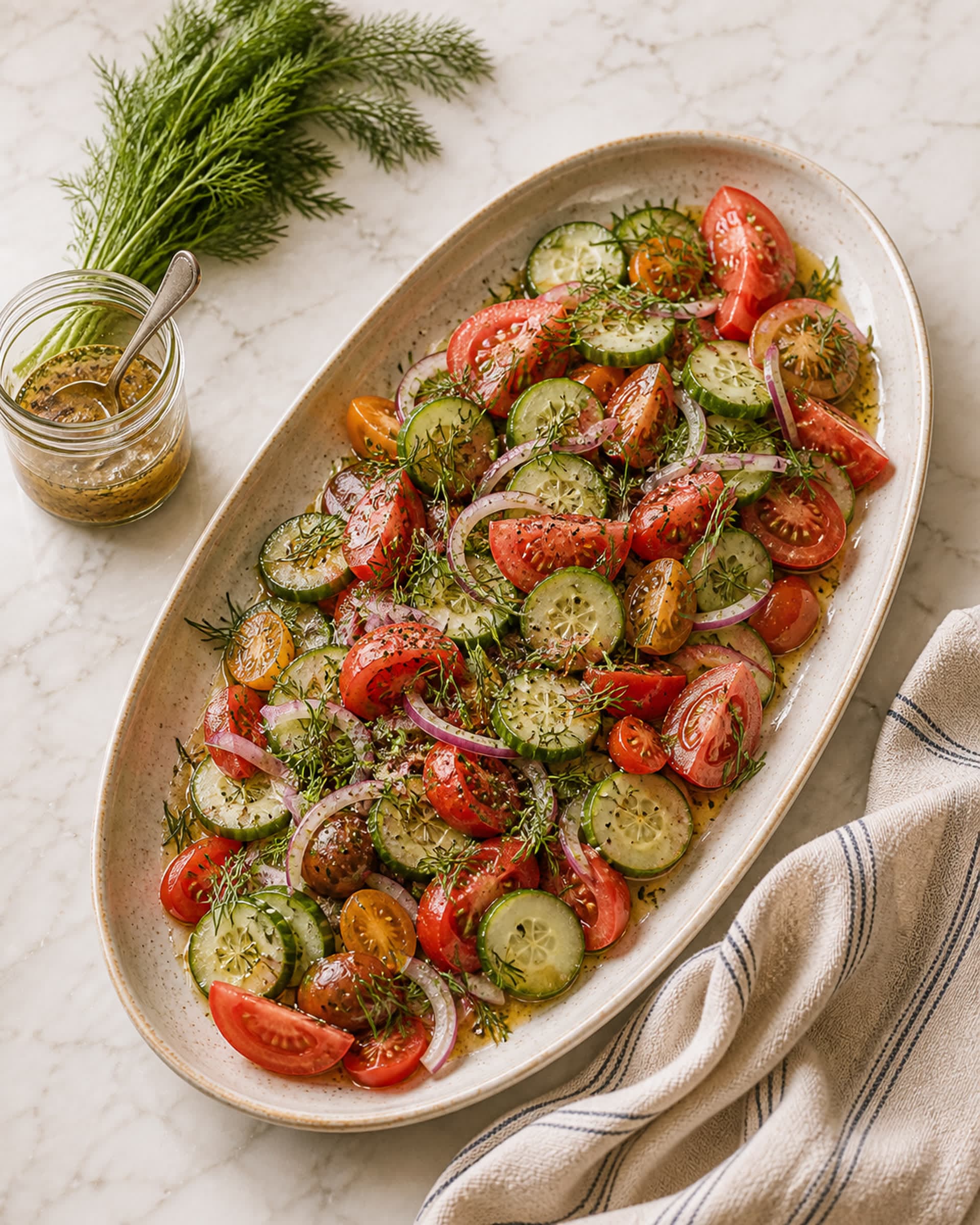 A long oval ceramic platter of cucumber tomato salad on a white marble counter, seen from nearly overhead: red tomato wedges and halved baby tomatoes, thin cucumber rounds, paper-thin slivers of red onion, and a heavy scatter of fresh dill, all glossy with a light vinegar dressing pooling at the edges of the platter. A small bunch of dill and a folded striped cream-and-blue linen tea towel sit beside it. Soft bright midday light.