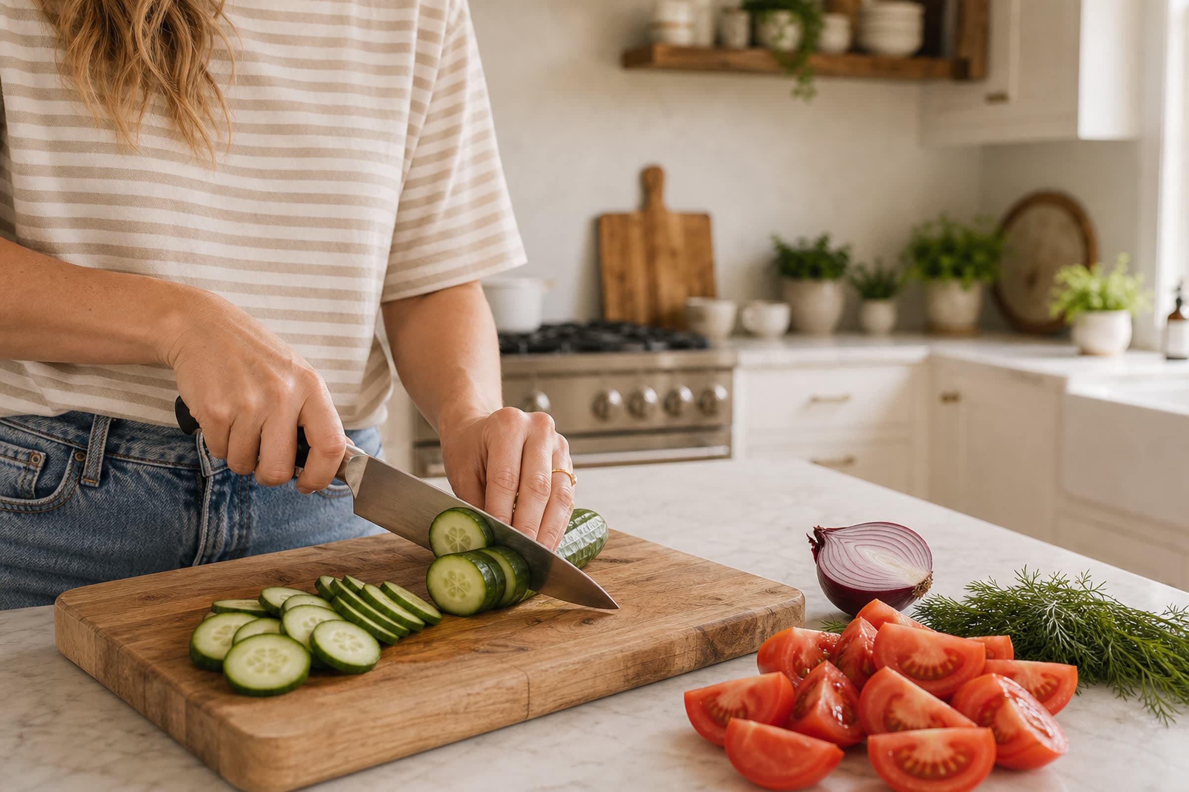 A woman in a beige striped tee and light denim slicing an English cucumber into thin rounds with a chef's knife on an oak cutting board, with tomato wedges, a halved red onion, and fresh dill waiting beside the board and her bright farmhouse kitchen with a stainless range softly behind.