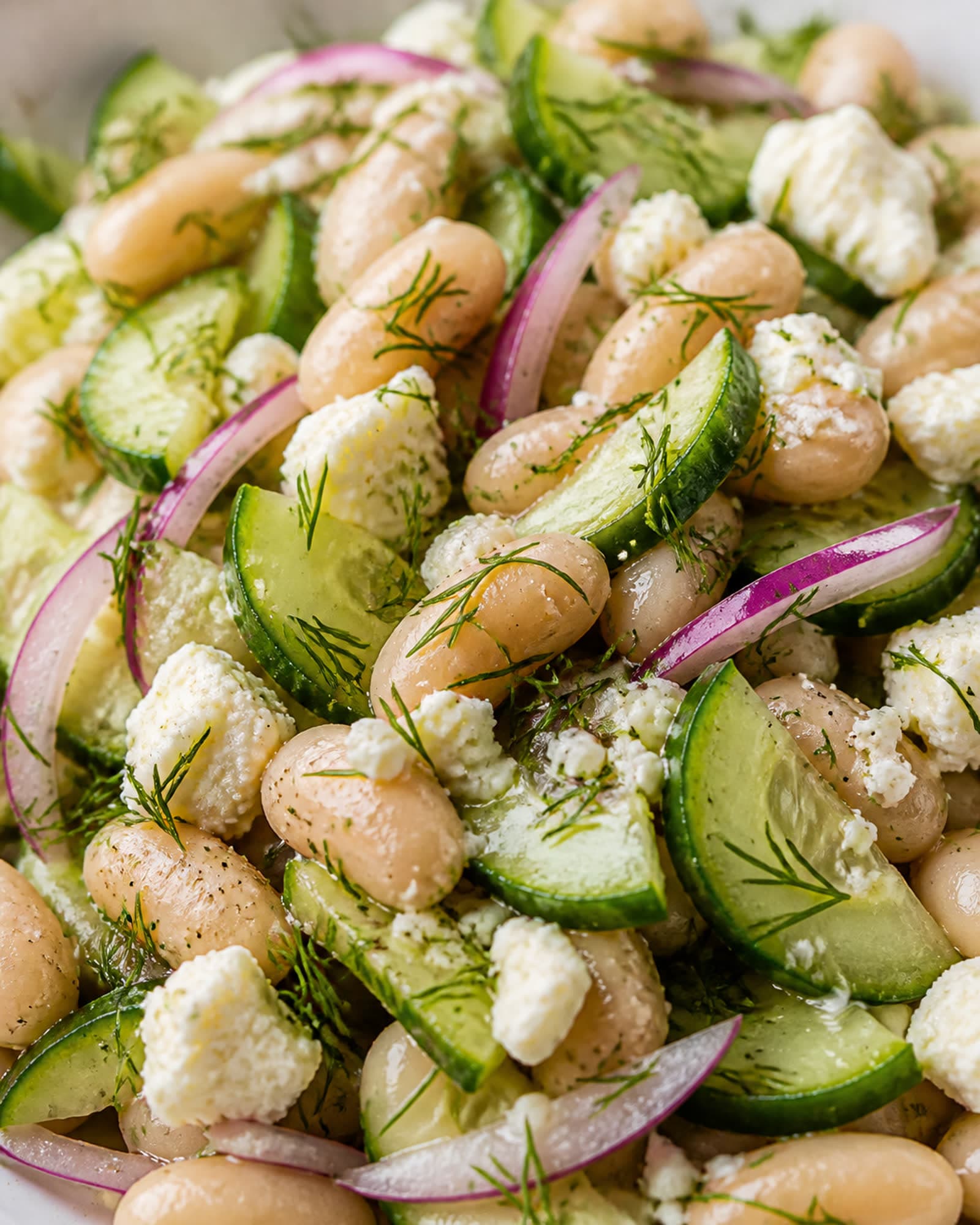 A close macro of the salad, showing creamy white beans, thin cucumber half-moons, slivers of red onion, big crumbles of feta, and lots of fresh dill, all glossy with lemon dressing.