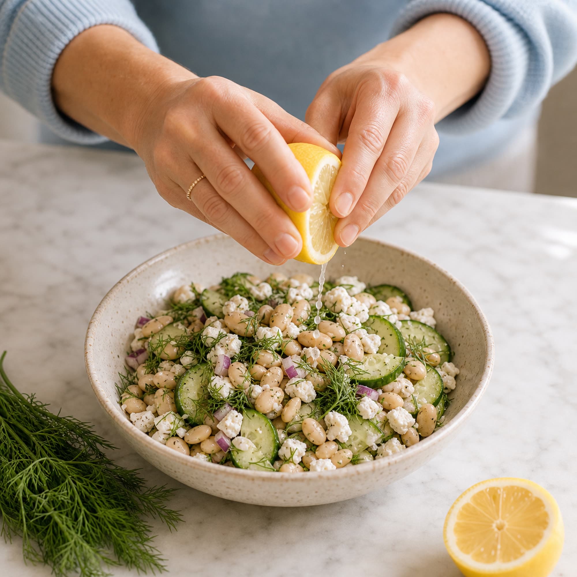 A pair of hands in a soft blue pullover squeezing a lemon half over the finished bean and cucumber salad in a speckled bowl, a thin stream of juice catching the light.