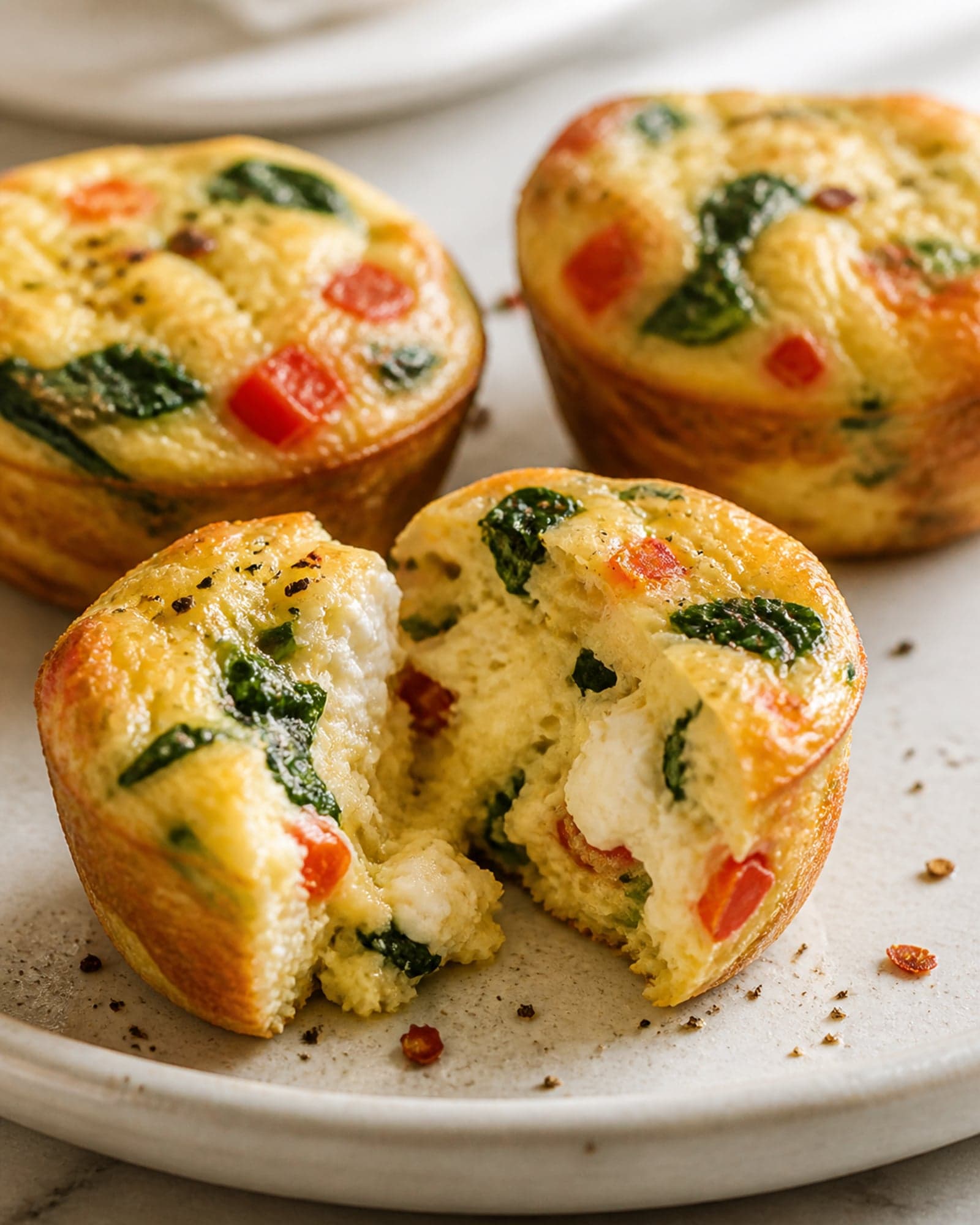 A close macro of make-ahead egg cups, one broken open to show the soft custardy interior flecked with spinach, red pepper, and melted feta, with golden set edges.