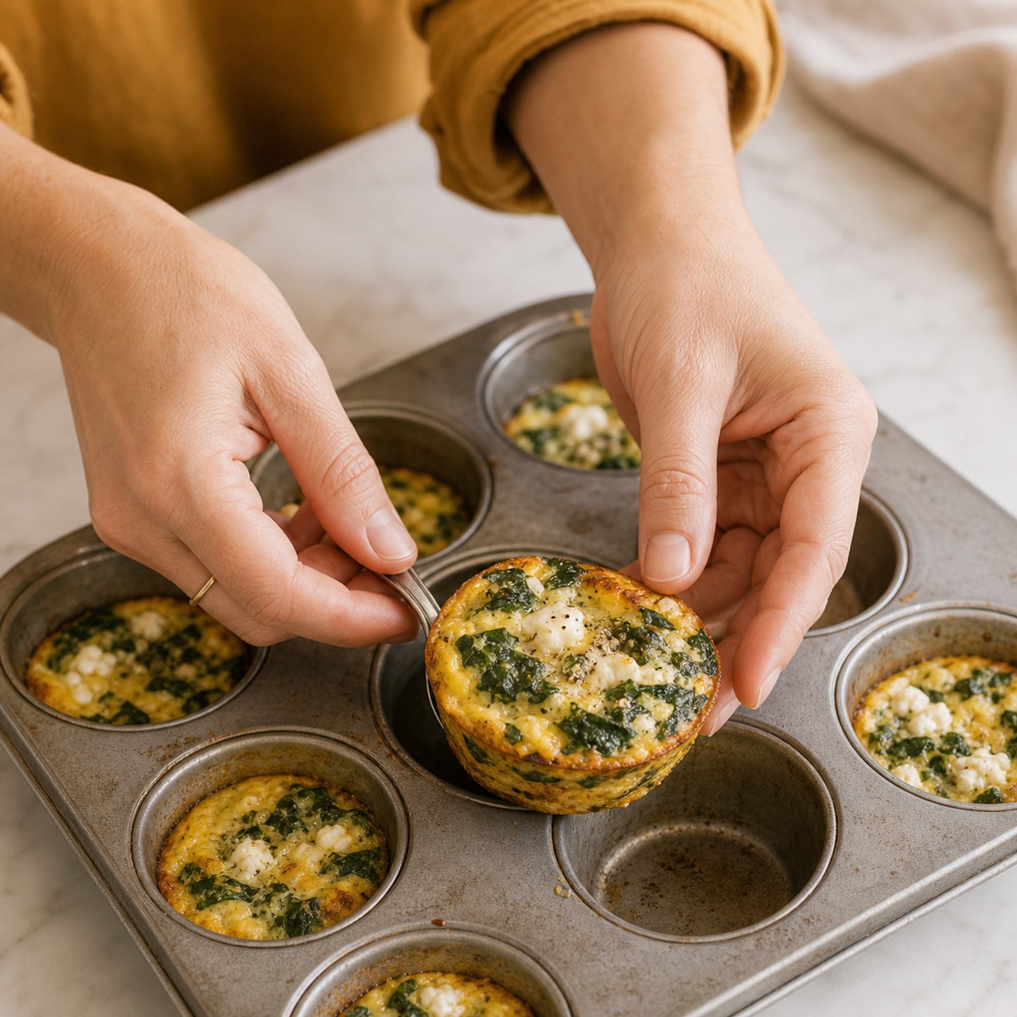 A pair of hands in a mustard sleeve lifting a freshly baked egg cup out of a metal muffin tin, the other cups still set in the tin.