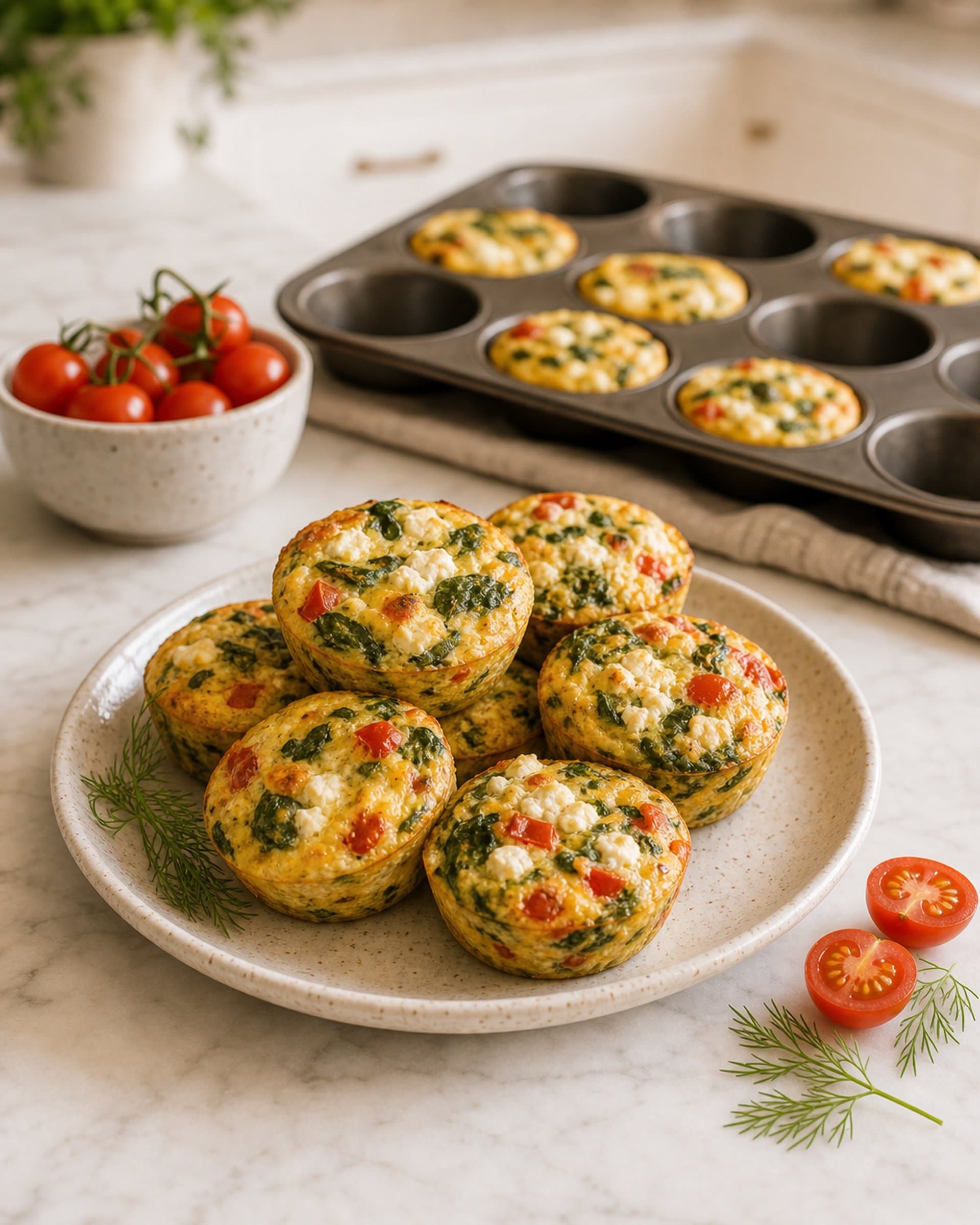A small cream-speckled plate of make-ahead egg cups on a white marble counter: golden baked egg muffins flecked with green spinach, red pepper, and white feta, a few more still in the muffin tin softly behind, a small bowl of cherry tomatoes and a sprig of dill alongside. Soft morning light from the kitchen window.