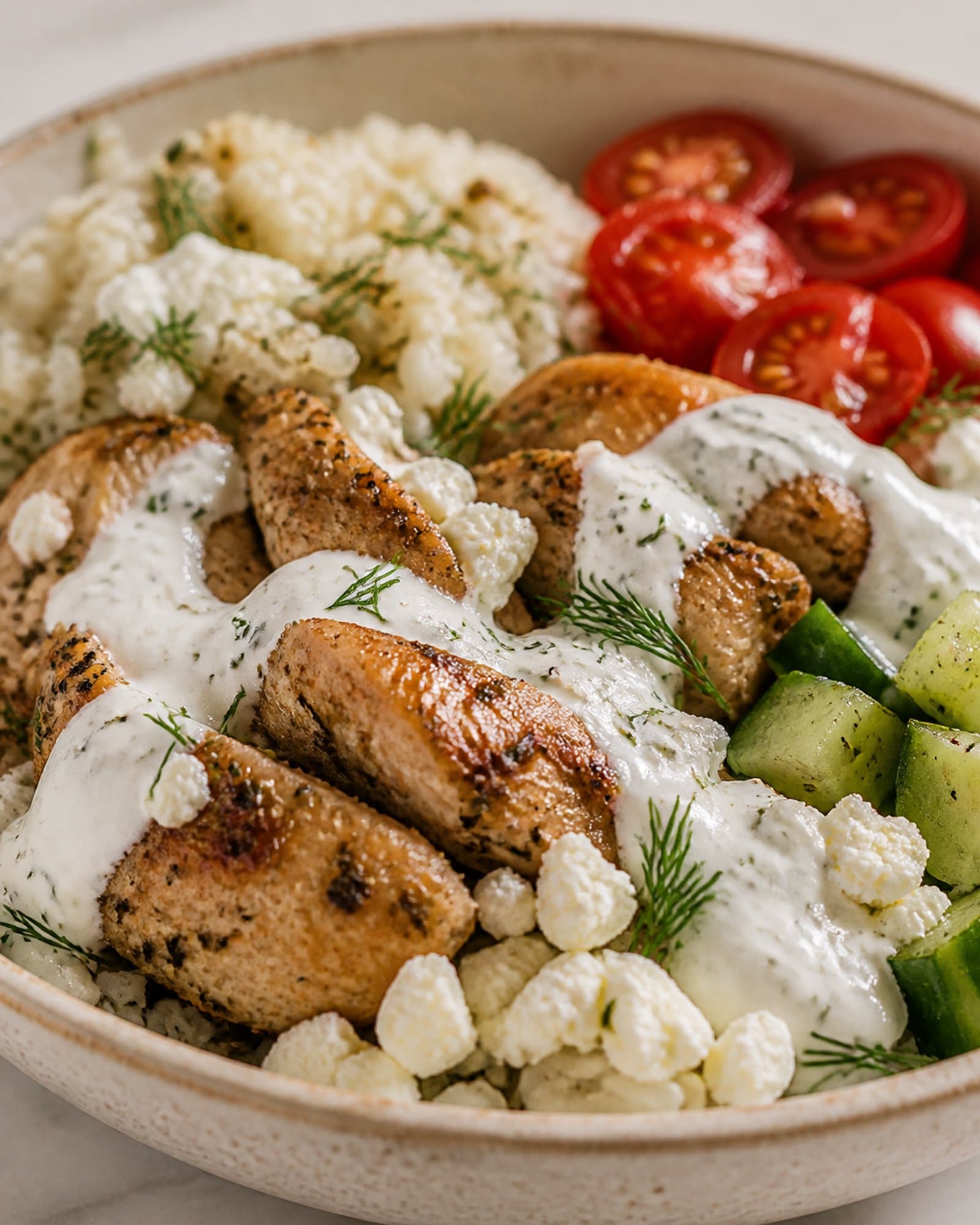 A close macro of the Greek chicken bowl: golden seared lemon-oregano chicken, herby rice, crumbled feta, a drizzle of garlicky yogurt sauce, halved cherry tomatoes, cucumber, and flecks of dill.