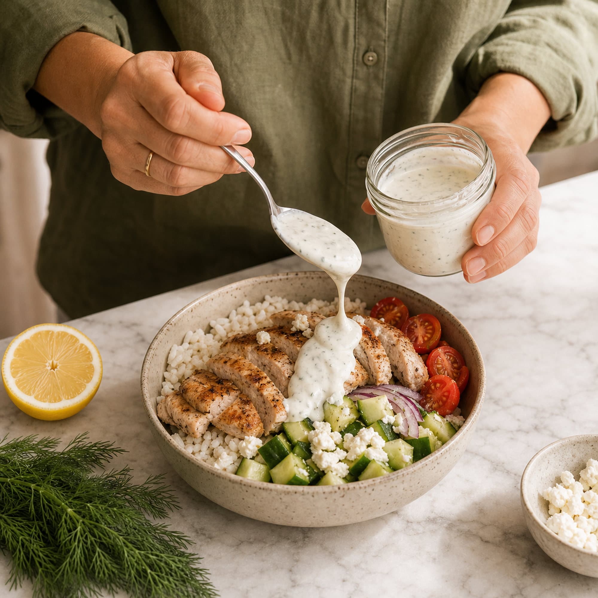 A pair of hands in an olive-green shirt spooning pale garlicky yogurt sauce from a jar over an assembled Greek chicken bowl, the sauce falling in a soft ribbon.