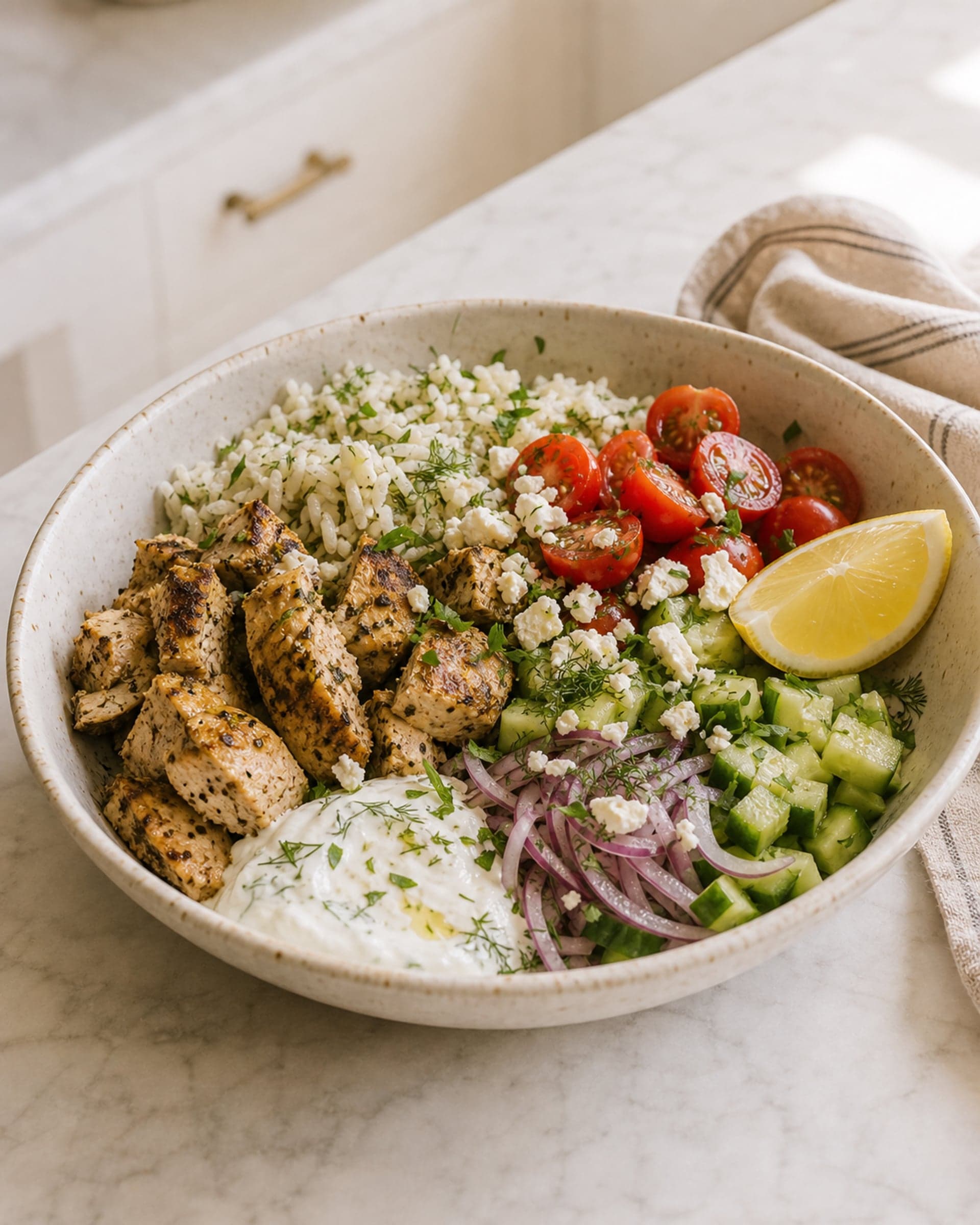 A single assembled Greek chicken meal-prep bowl in a wide cream-speckled stoneware bowl on a white marble counter: golden lemon-oregano chicken pieces, herby rice, halved cherry tomatoes, diced cucumber, slivered red onion, a generous crumble of feta, a dollop of garlicky yogurt sauce, a sprinkle of chopped dill and parsley, and a lemon wedge on the rim. Soft natural light from the kitchen window.